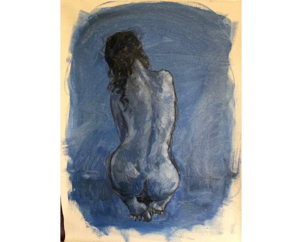 Blue Nude with Oil on Linen, Painting by Gabrielle Moulding