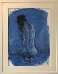 Nu bleu avec huile sur toile de lin, peinture originale, Nu, Femme