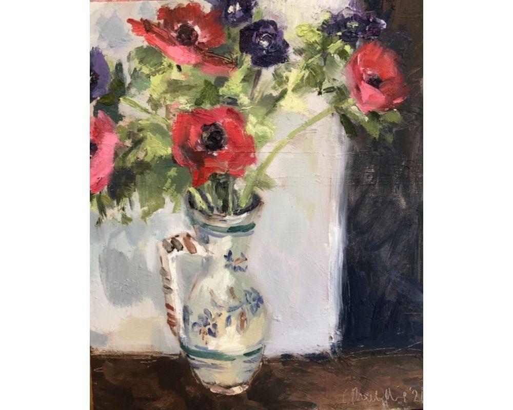 Still-Life Painting de Gabrielle Moulding - Jarrón de anémonas, Pintura original, Arte interior, Flores, Naturaleza muerta