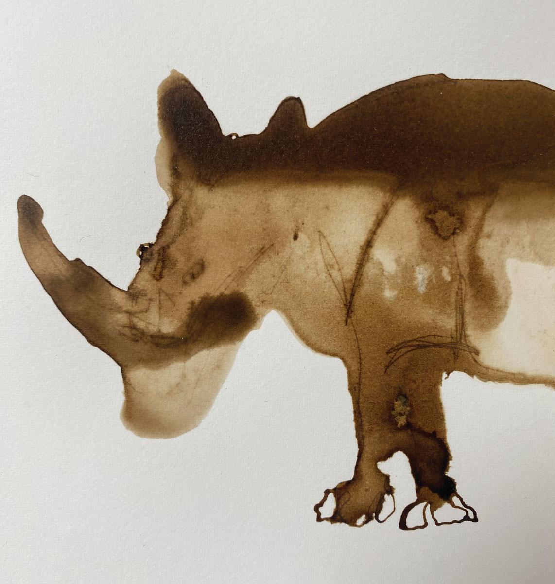 Robert the rhino - Gabrielle Pool - Whimsical ink drawing on paper - Wood frame For Sale 1
