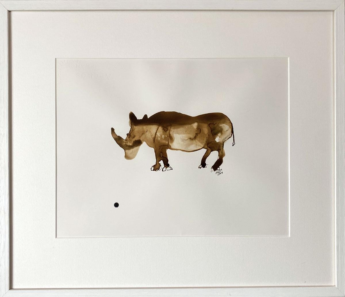 Robert the rhino - Gabrielle Pool - Whimsical ink drawing on paper - Wood frame For Sale 2