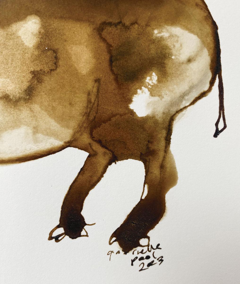 Robert the rhino - Gabrielle Pool - Whimsical ink drawing on paper - Wood frame For Sale 3