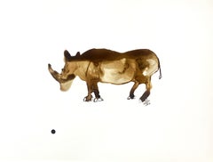 Robert the rhino - Gabrielle Pool - Whimsical ink drawing on paper - Wood frame