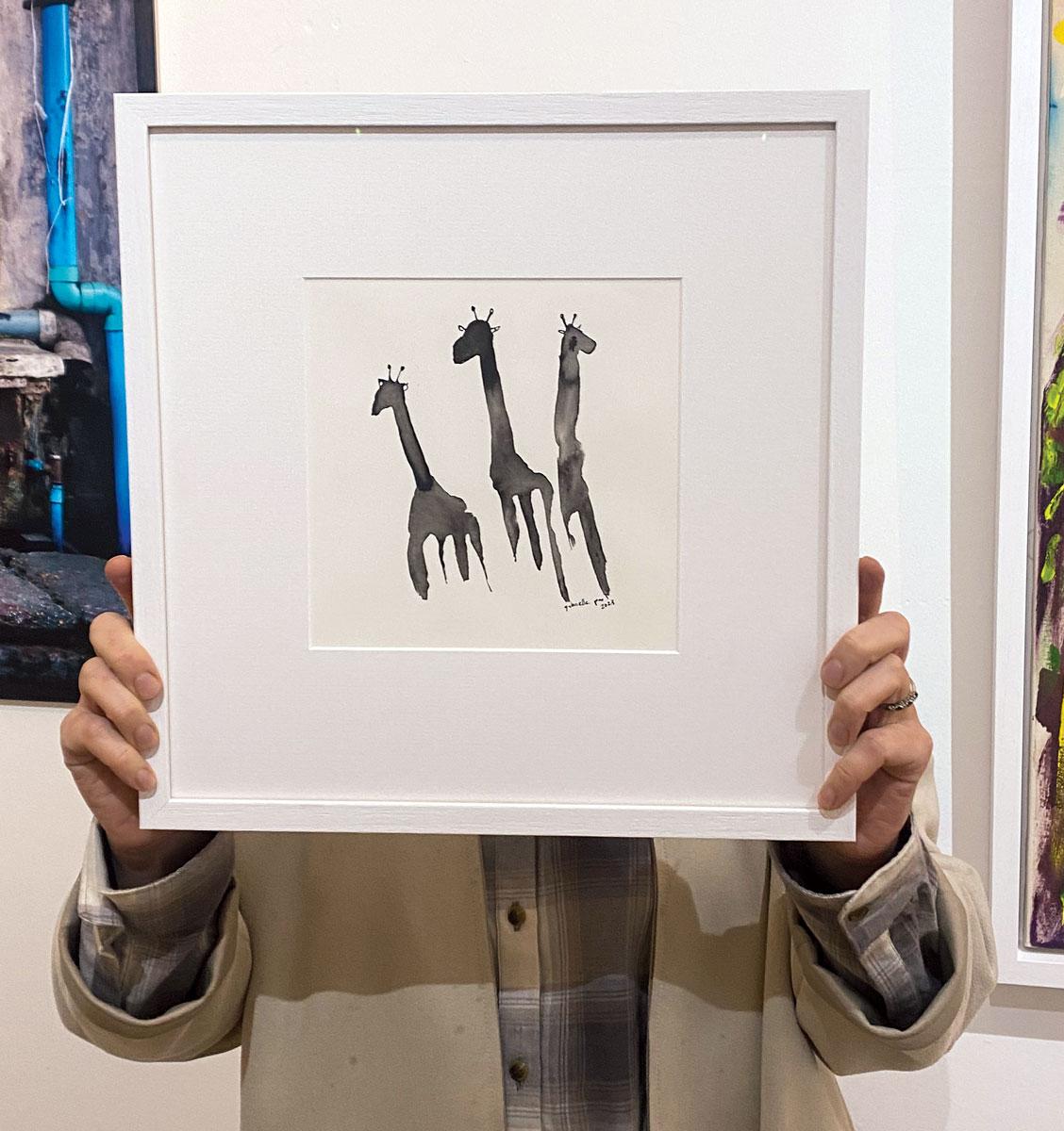 The Band by Gabrielle Pool.  Ink drawing on paper of three adolescent giraffes For Sale 2