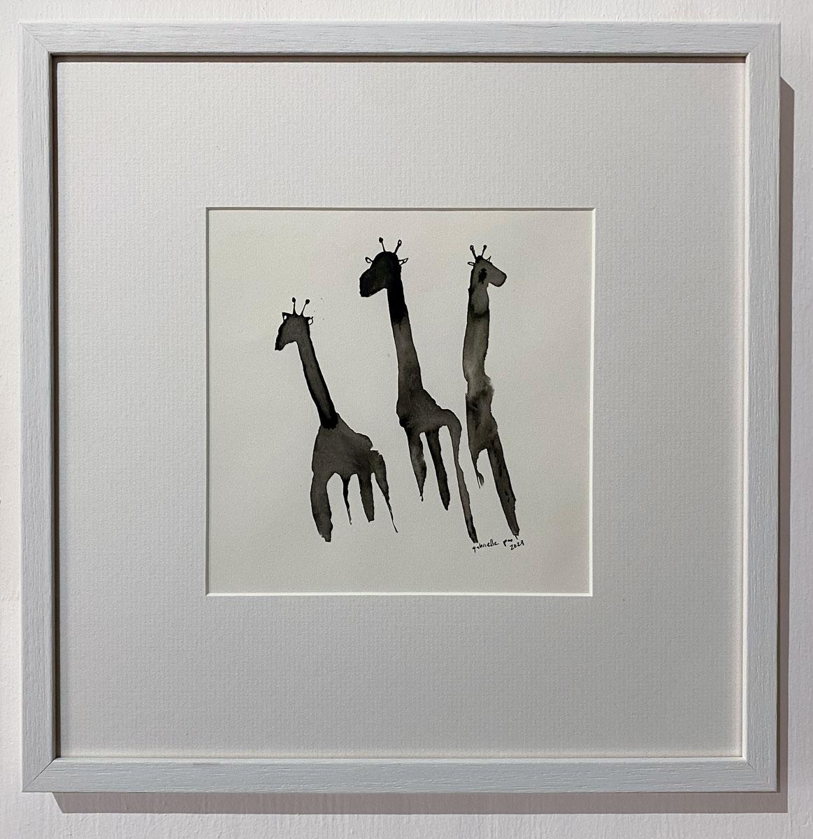 The Band by Gabrielle Pool.  Ink drawing on paper of three adolescent giraffes For Sale 3