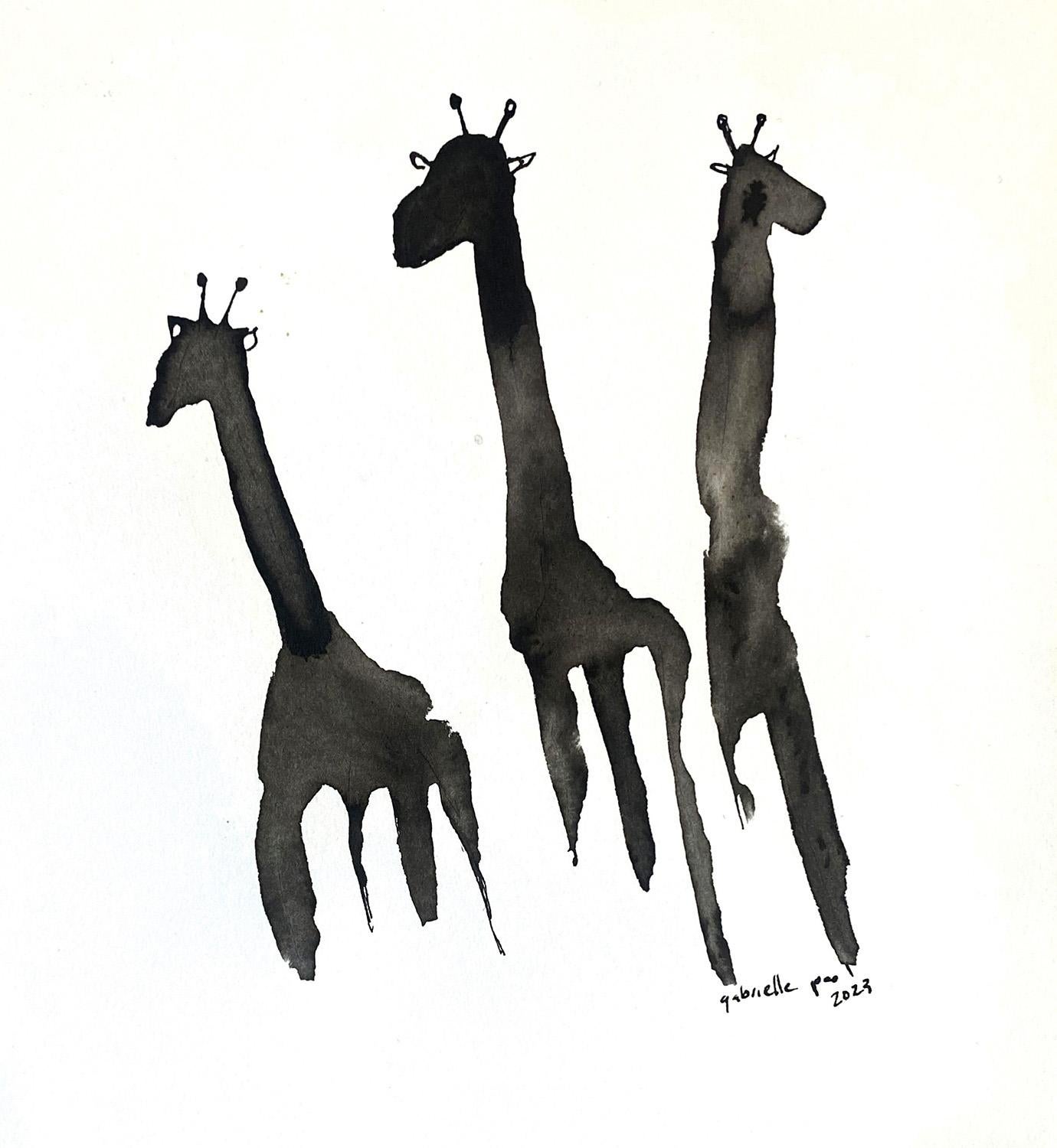 A band of brothers.  A group of cool, adolescent giraffes with attitude

Gabrielle Pool’s inks on paper of wild animals from the African savannah are simple and charming.  Using an unforgiving medium with a minimlaist style she produces work that is