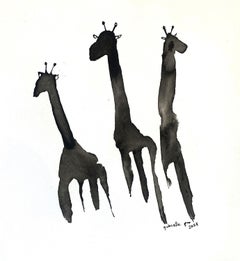 The Band di Gabrielle Pool.  Disegno a inchiostro su carta di tre giraffe adolescenti