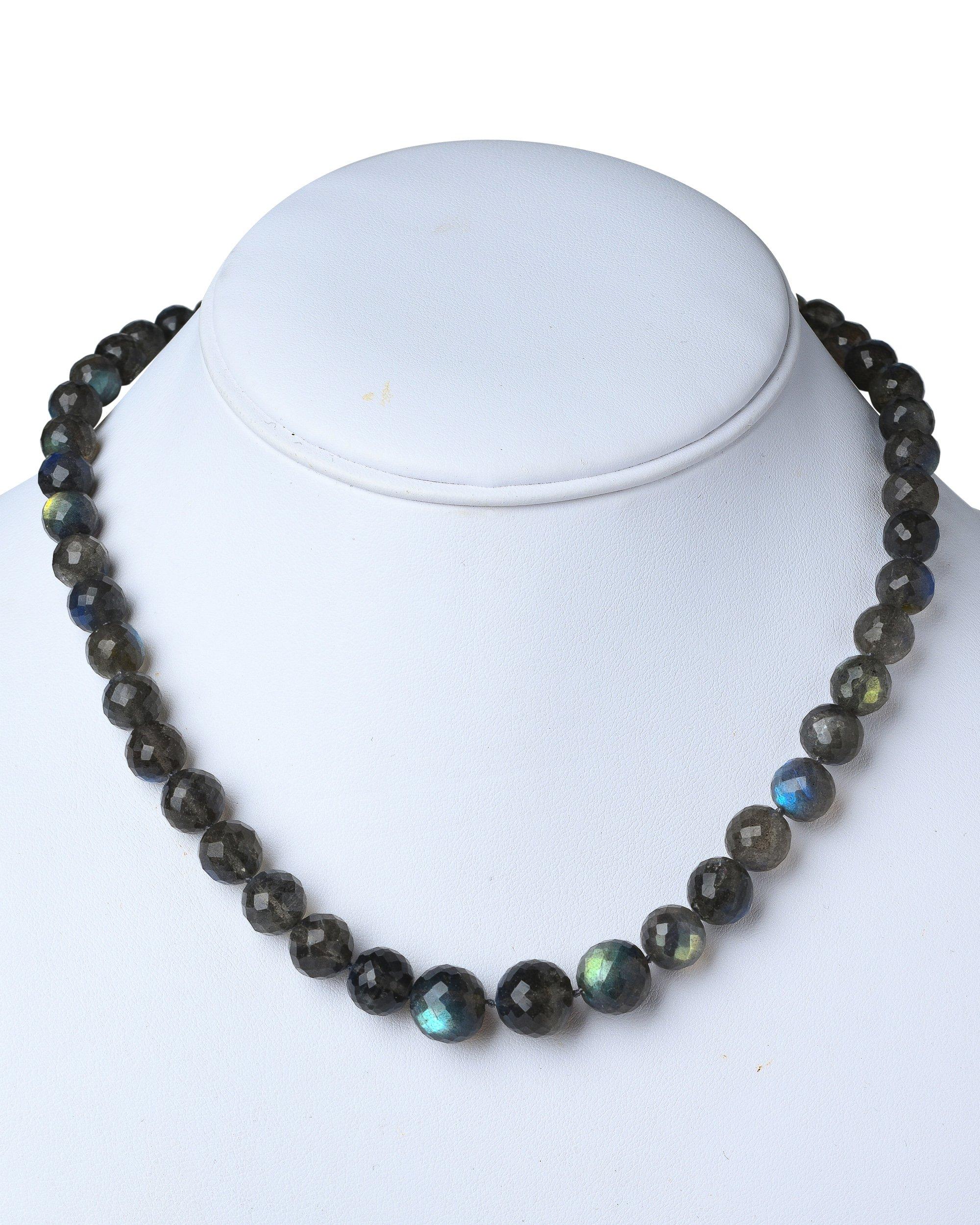 Round graduating faceted labradorite beads strung with Gabrielle's classic 18 karat cone hook and eye shimmers with flashes of blue. Wear this subtle elegant everyday into evening necklace.