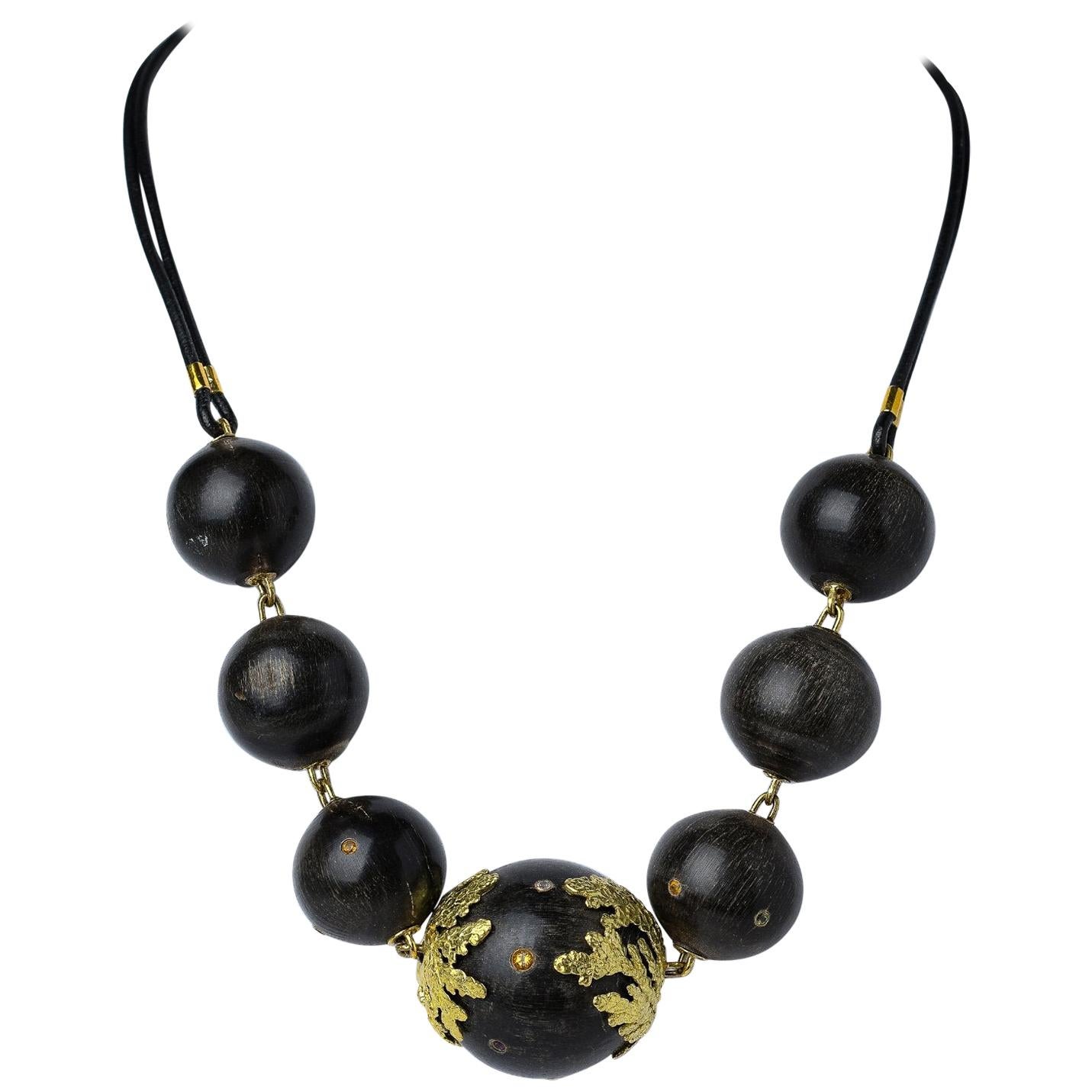 Semi-Precious Embellished Horn Ball 18 Karat Foliage Necklace