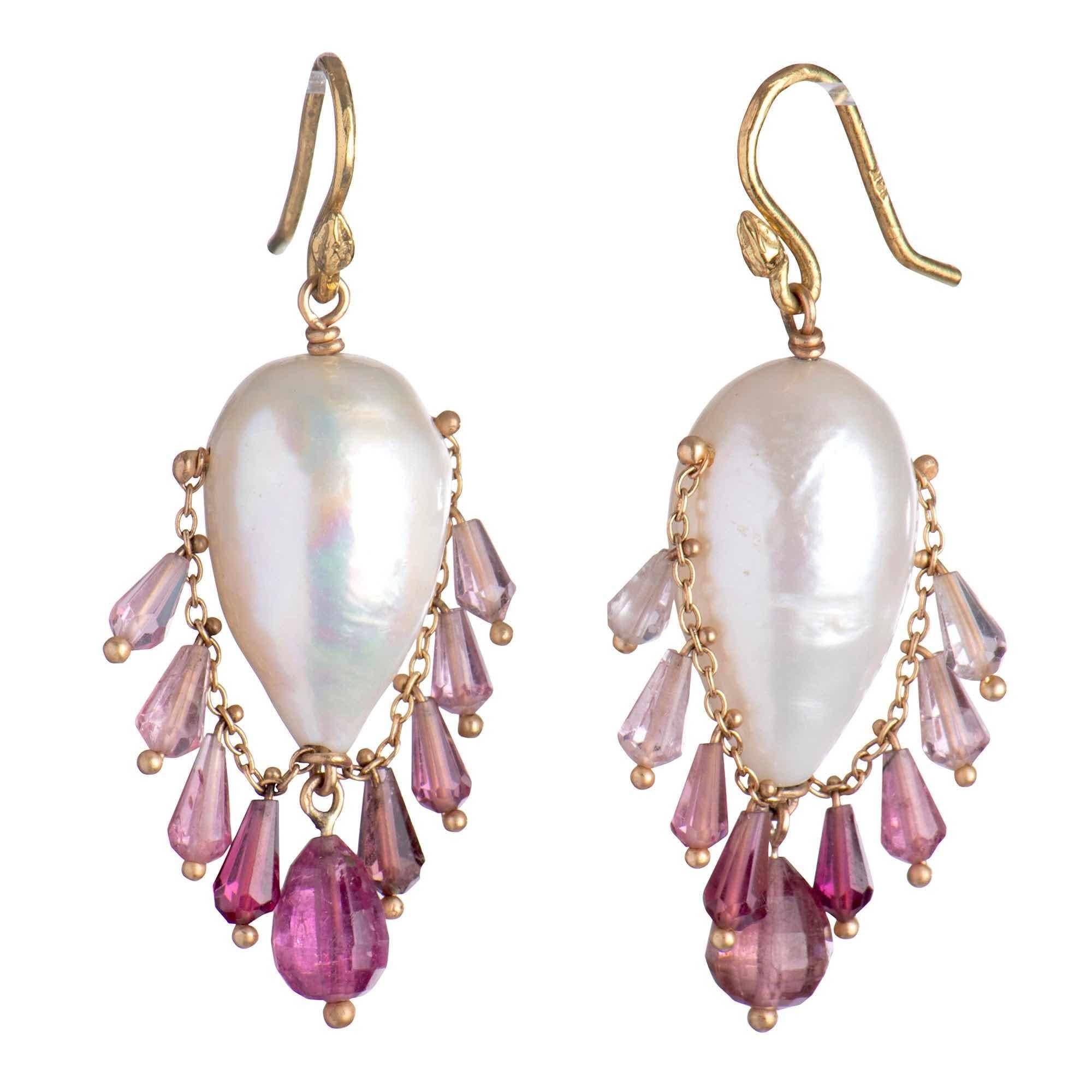 Artisan Gabrielle Sanchez South Sea Pearl and Ombre Pink Tourmaline 18k Fringe Earring