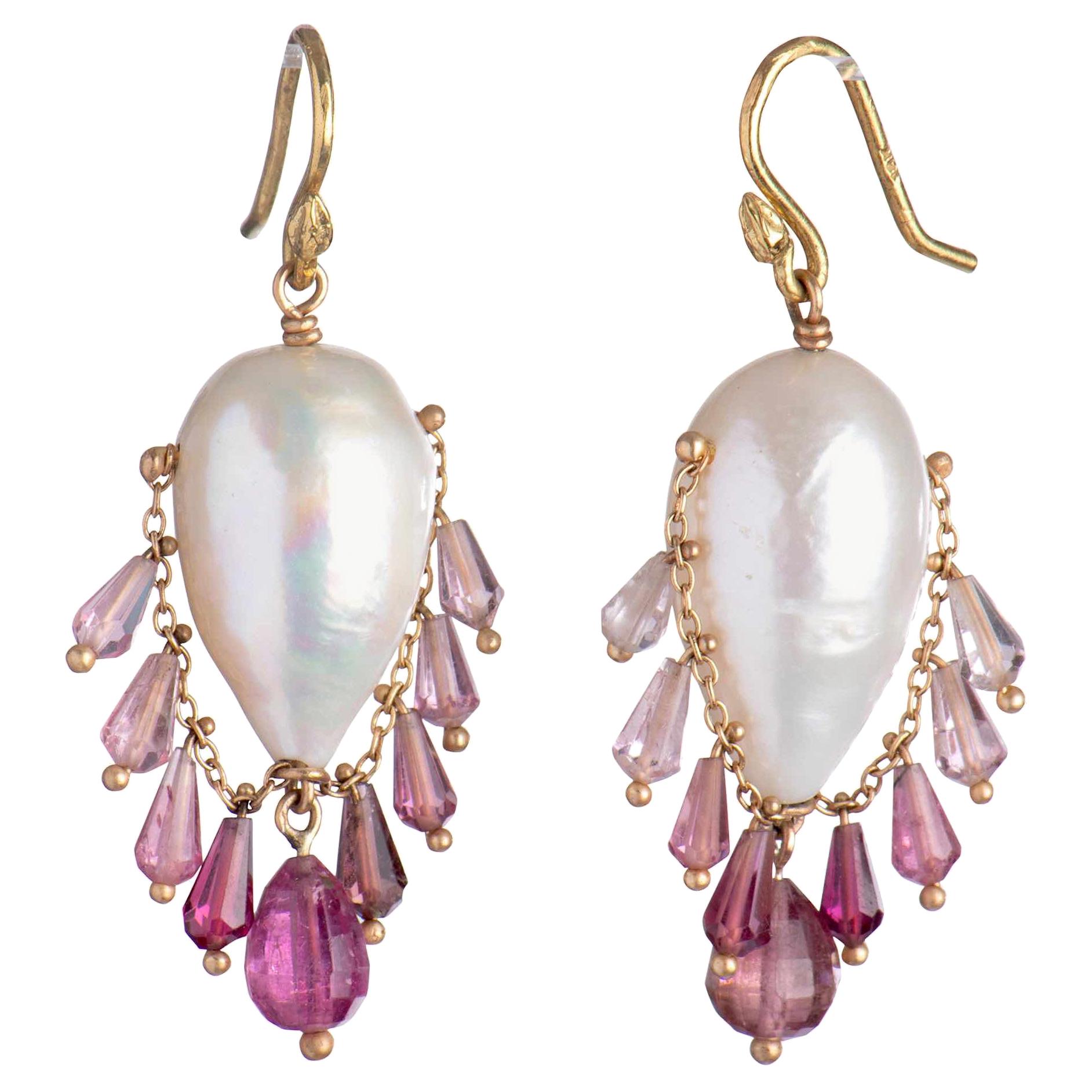 Gabrielle Sanchez South Sea Pearl and Ombre Pink Tourmaline 18k Fringe Earring