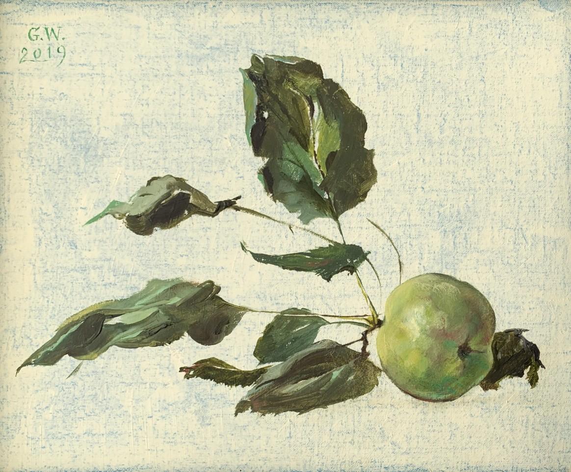Gabryela Wasowicz Figurative Painting - Apple tree twig- Realistic Figurative Still life Oil Painting, Polish art