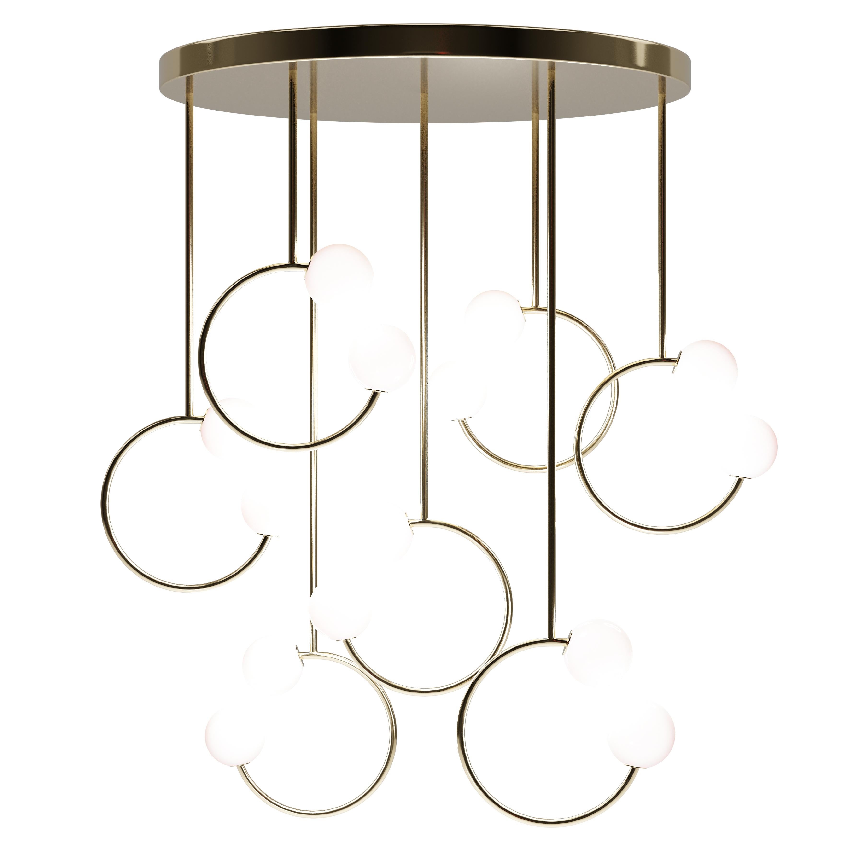 Gaby's dream ceiling lamp, Royal Stranger
Dimensions: W 90 x D 90 x H 130 cm
Materials: Brass, glass.

Finish options
Body available in brass, stainless steel and copper with polished or brushed finish, or lacquered in all NCS/RAL colors with