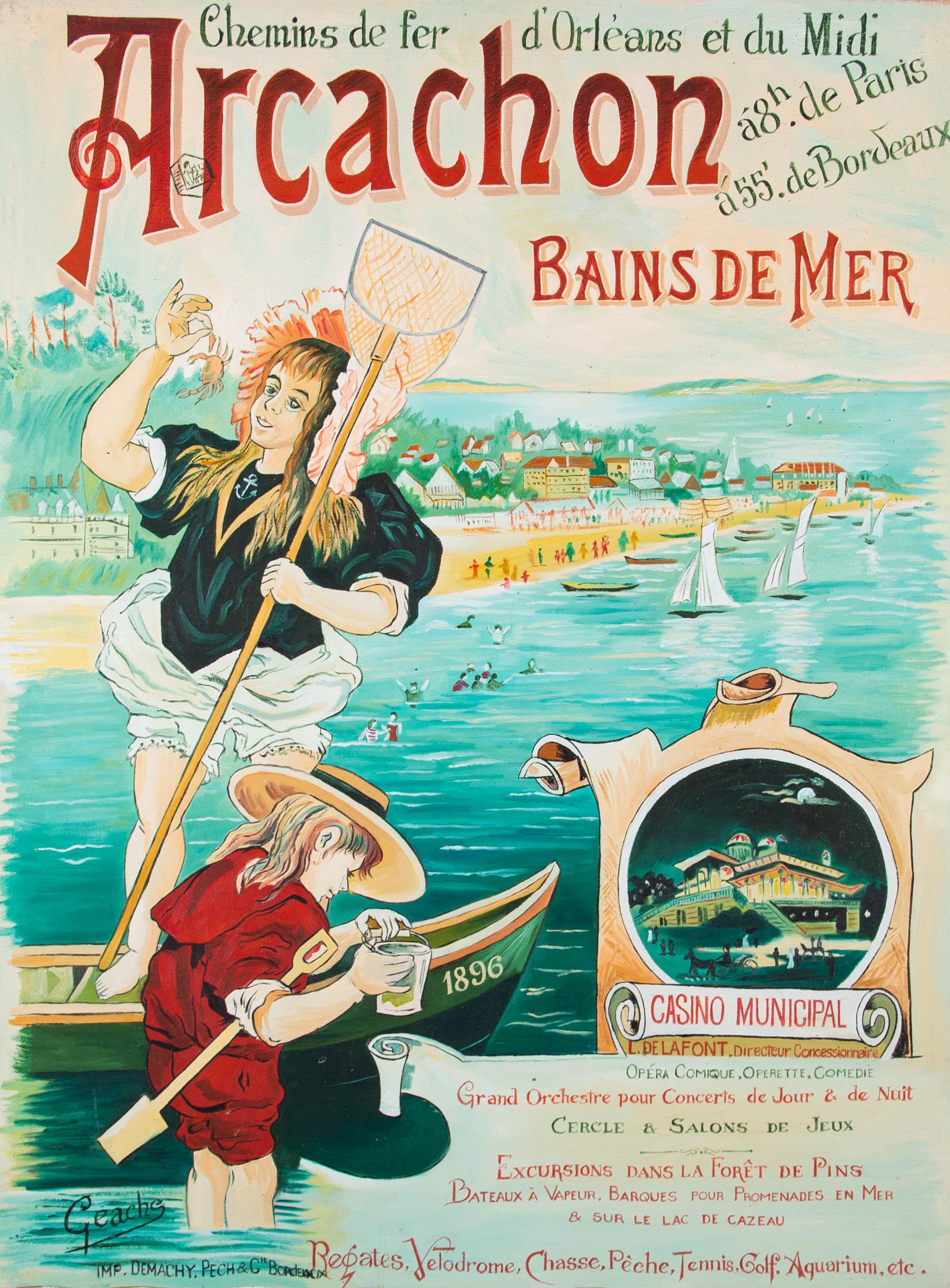 A delightful contemporary acrylic copy of the illustrated Arcachon poster from 1896. This retro travel poster features the city of Arcachon for the Chemins de fer d'Orleans et du Midi Railways. It portrays two young girls enjoying crabbing in the