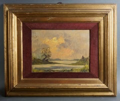 "Lake Landscape" Oil on Cardboard with Frame Italian Painting