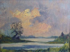 "Lake Landscape" Oil on Cardboard with Frame Italian Painting