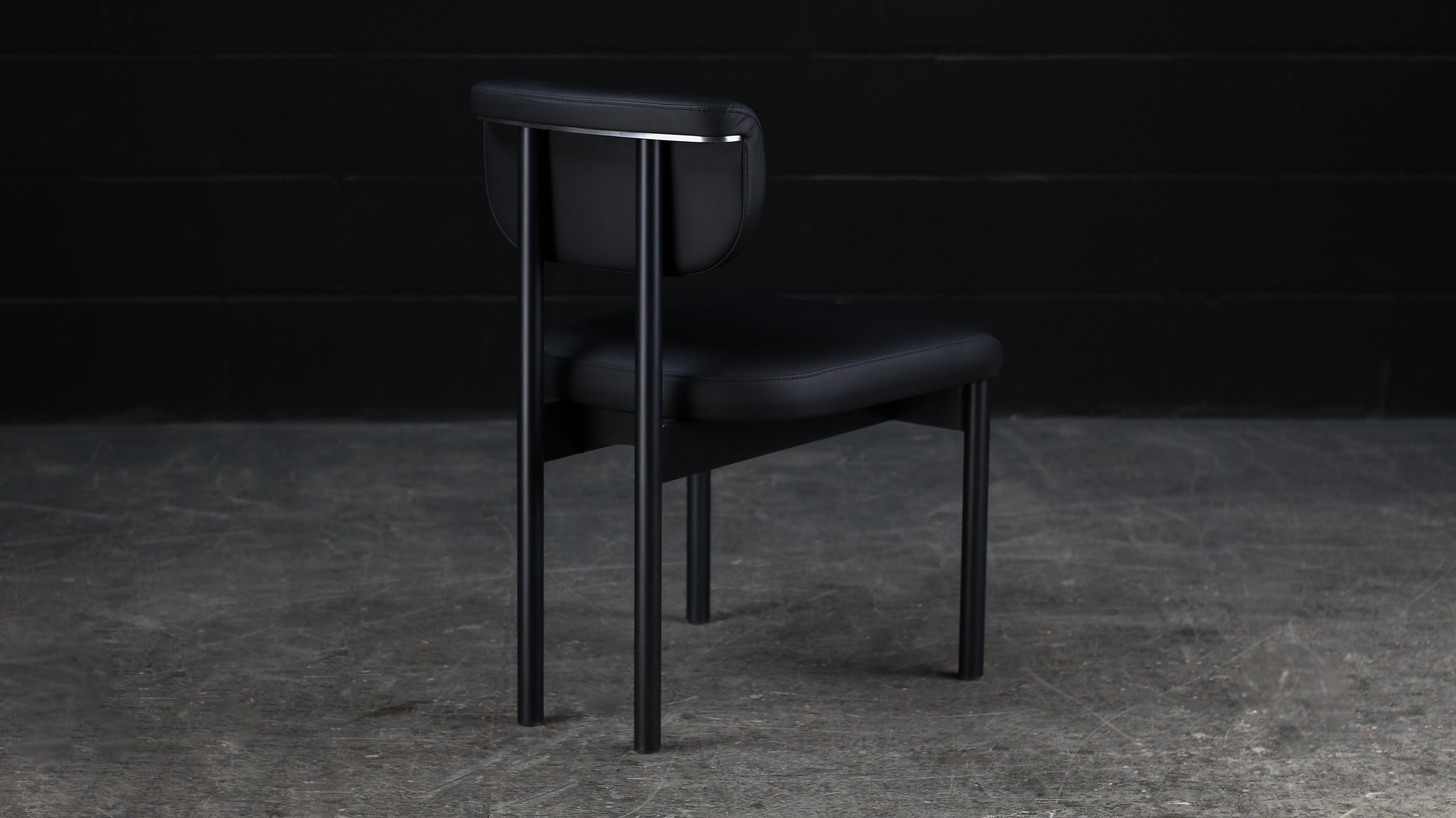 Hand-Crafted Gadot Chair by AMBROZIA, Black Nappa Leather, Blackened Steel & Satin Nickel For Sale