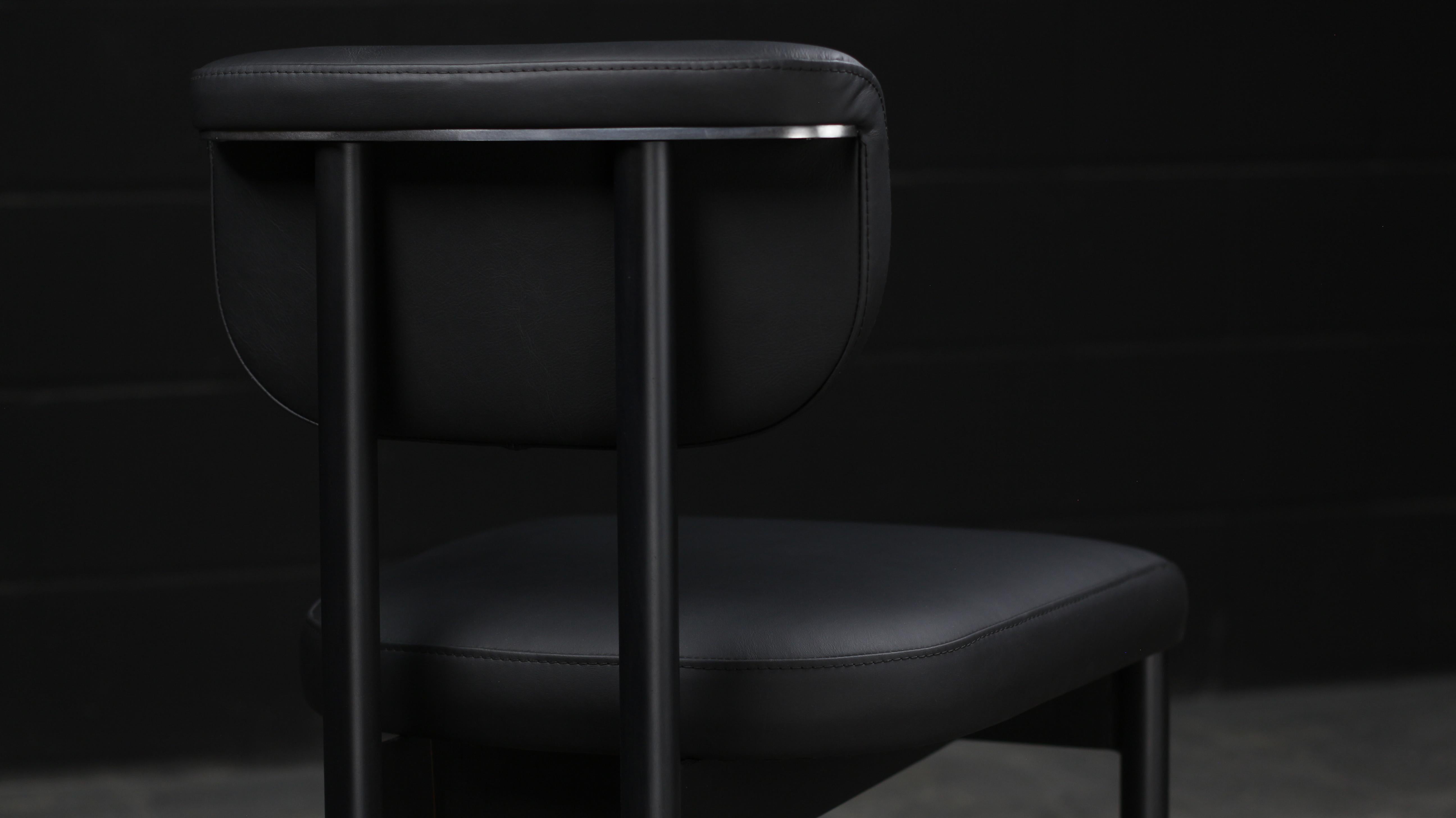 Contemporary Gadot Chair by AMBROZIA, Black Nappa Leather, Blackened Steel & Satin Nickel For Sale