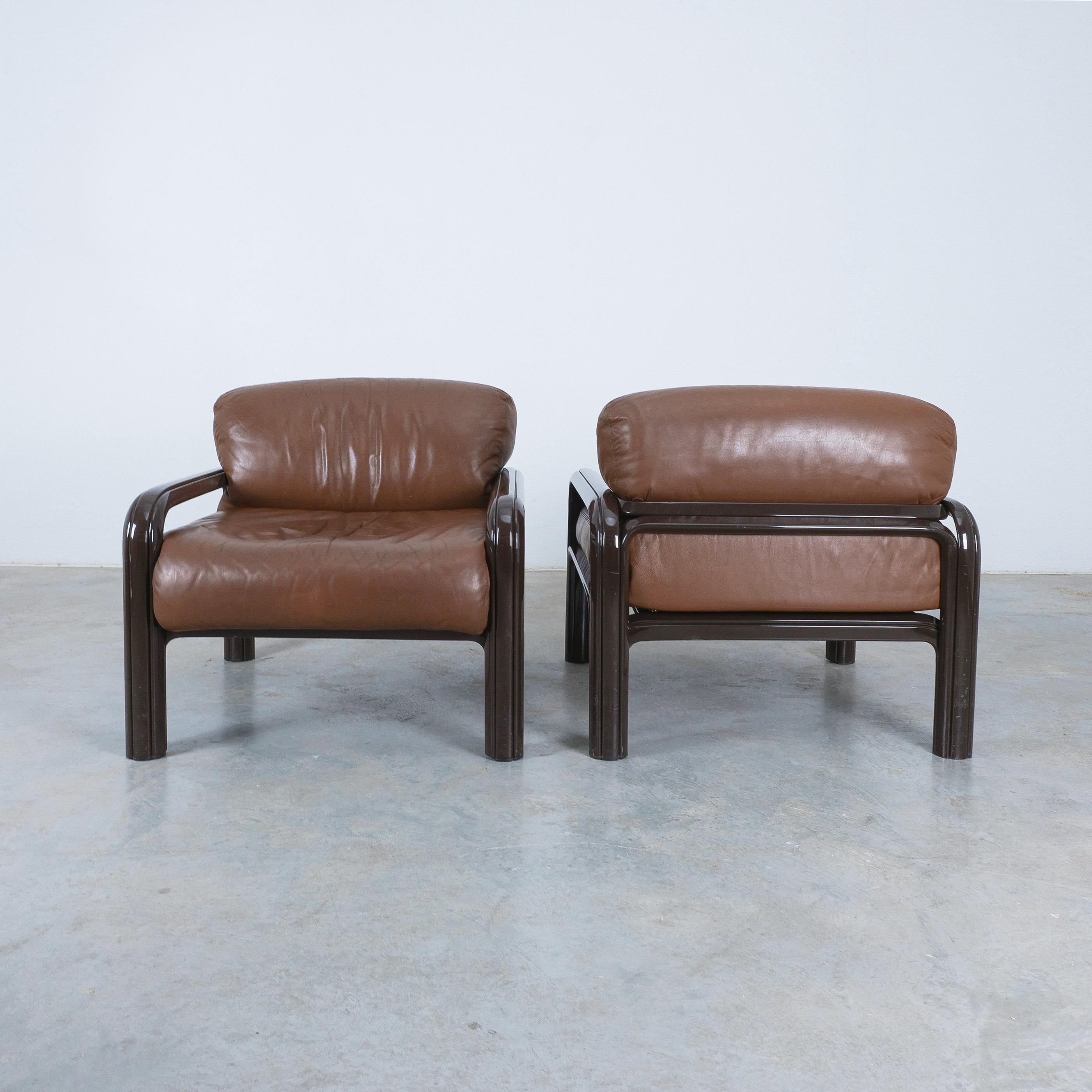 Gae Aulenti Brown Leather Steel Lounge Chairs for Knoll, 1980 5