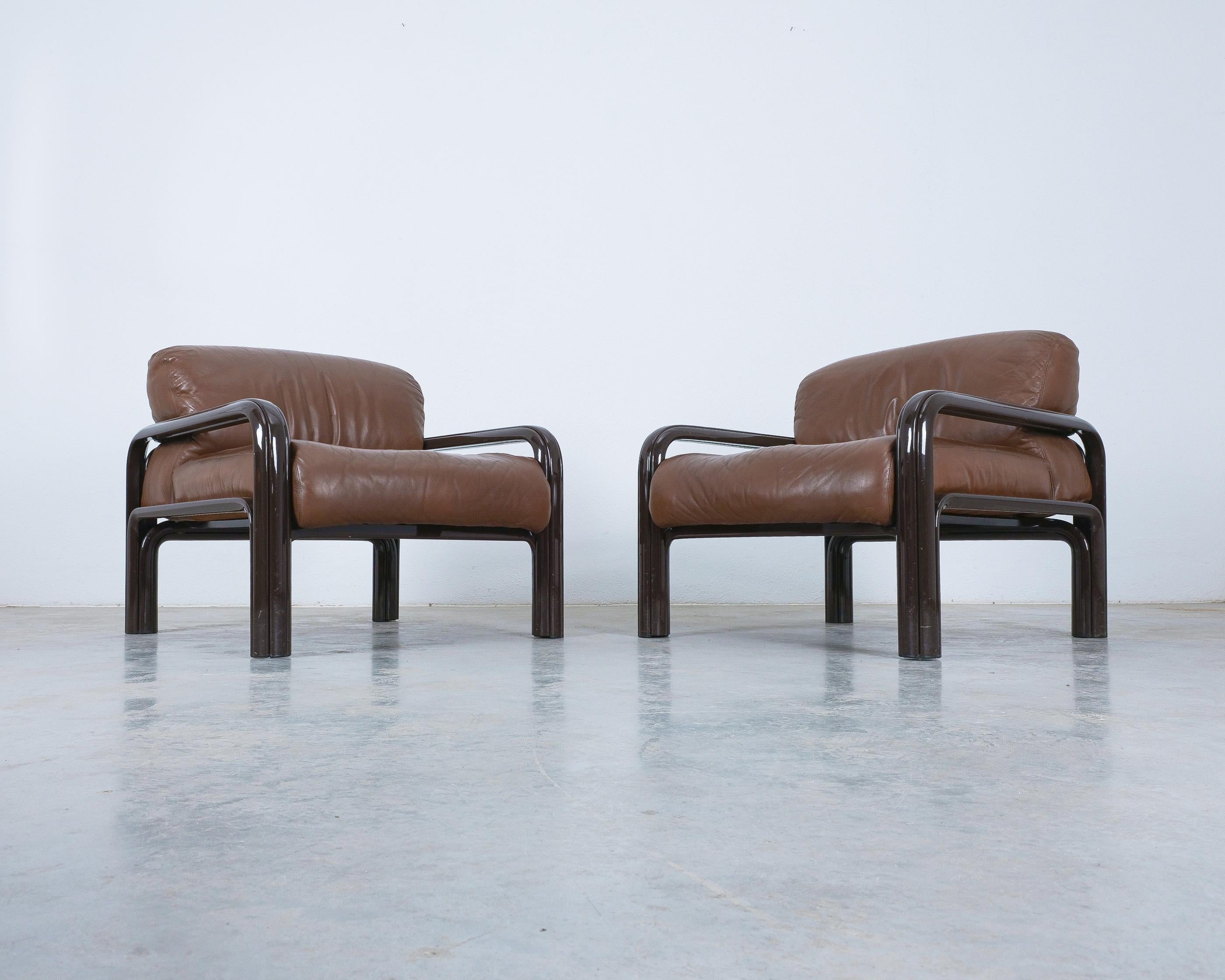 Mid-Century Modern Gae Aulenti Brown Leather Steel Lounge Chairs for Knoll, 1980