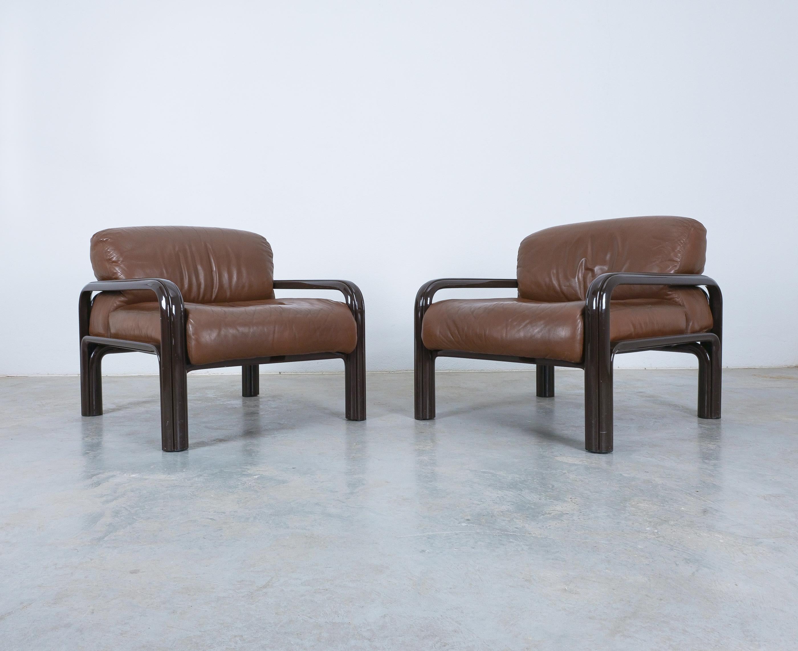 Italian Gae Aulenti Brown Leather Steel Lounge Chairs for Knoll, 1980