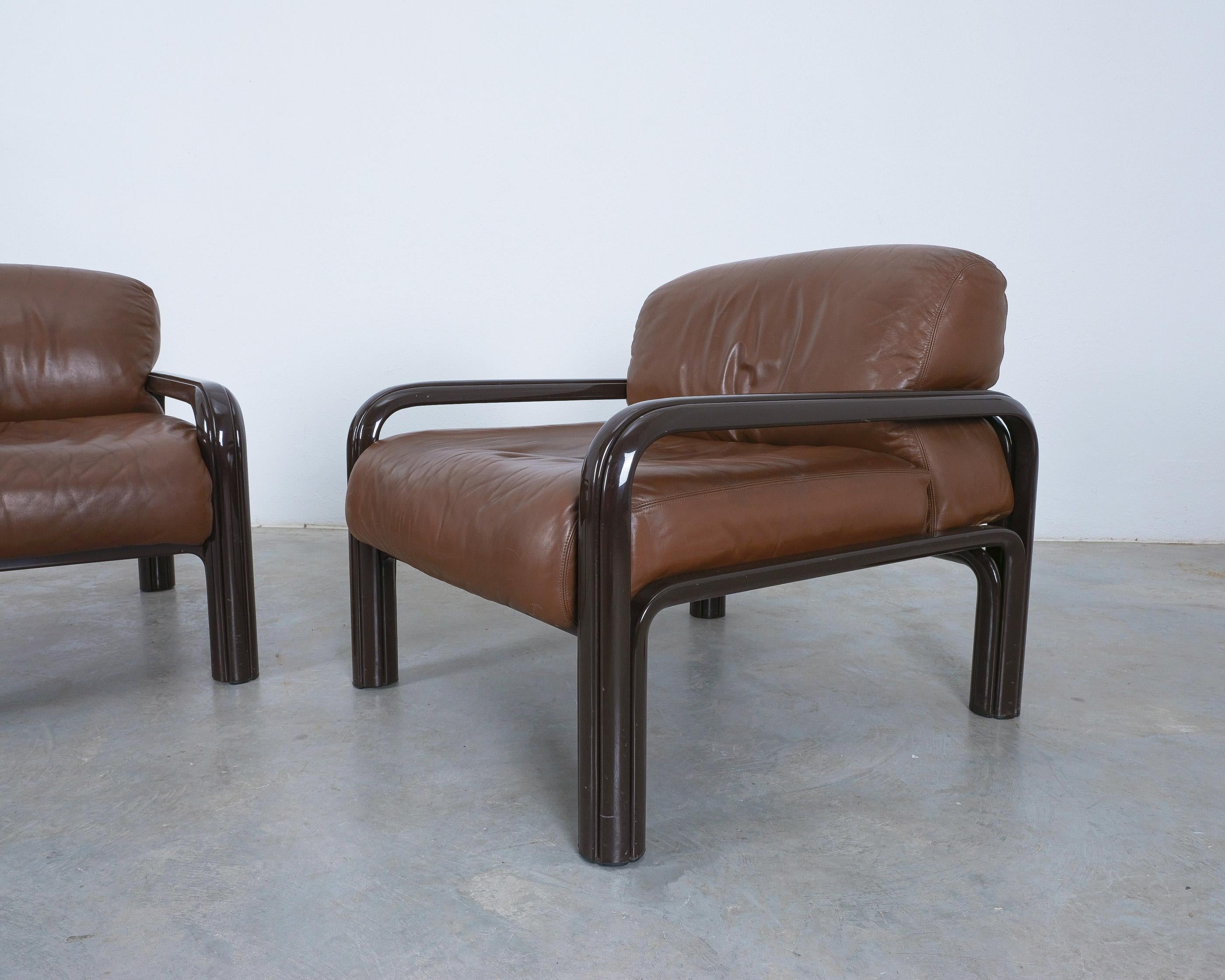 Gae Aulenti Brown Leather Steel Lounge Chairs for Knoll, 1980 In Good Condition In Vienna, AT