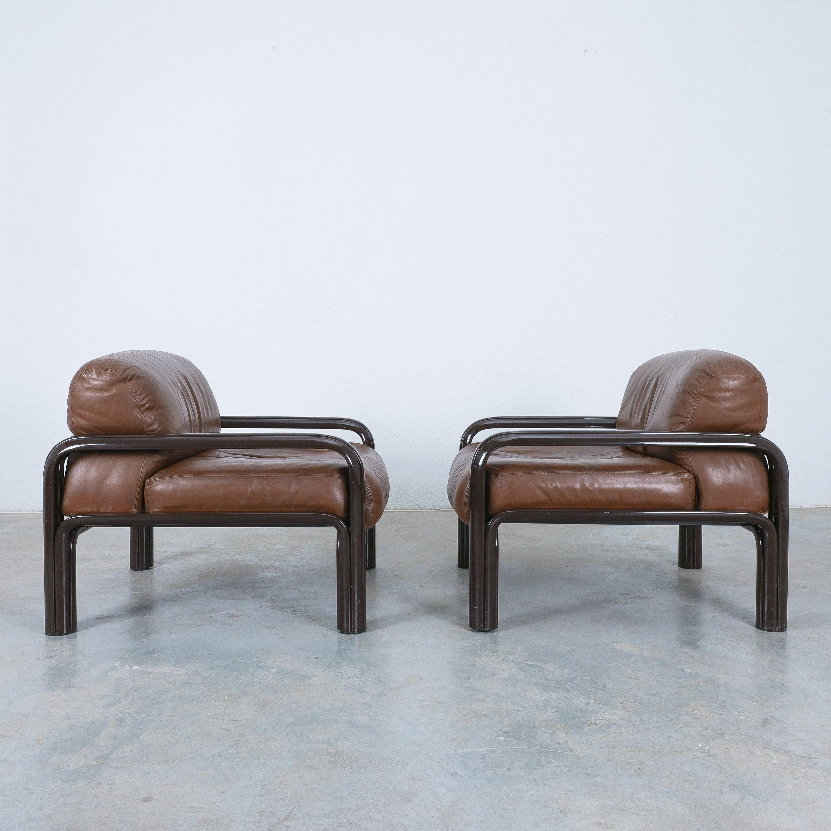 Late 20th Century Gae Aulenti Brown Leather Steel Lounge Chairs for Knoll, 1980