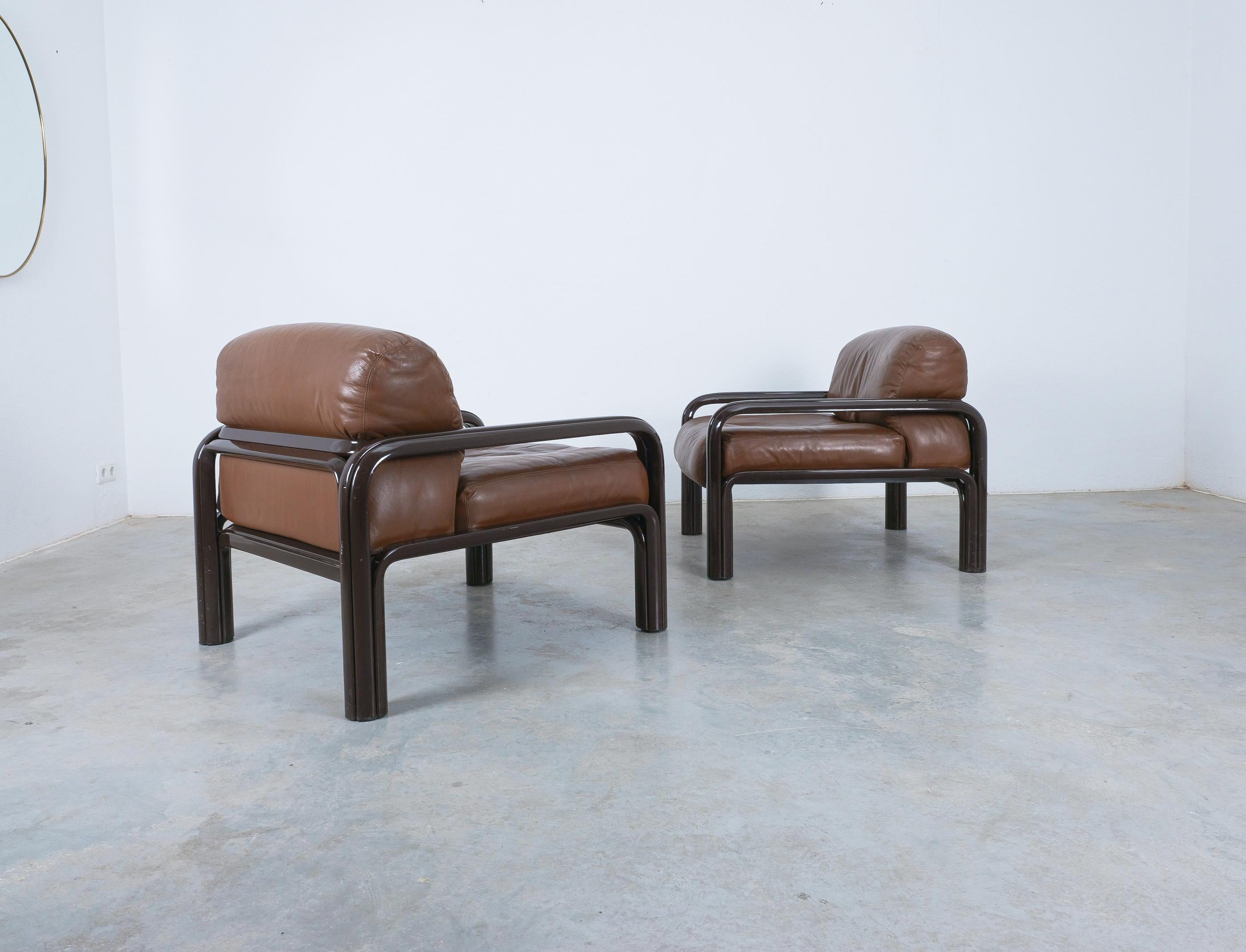 Gae Aulenti Brown Leather Steel Lounge Chairs for Knoll, 1980 2