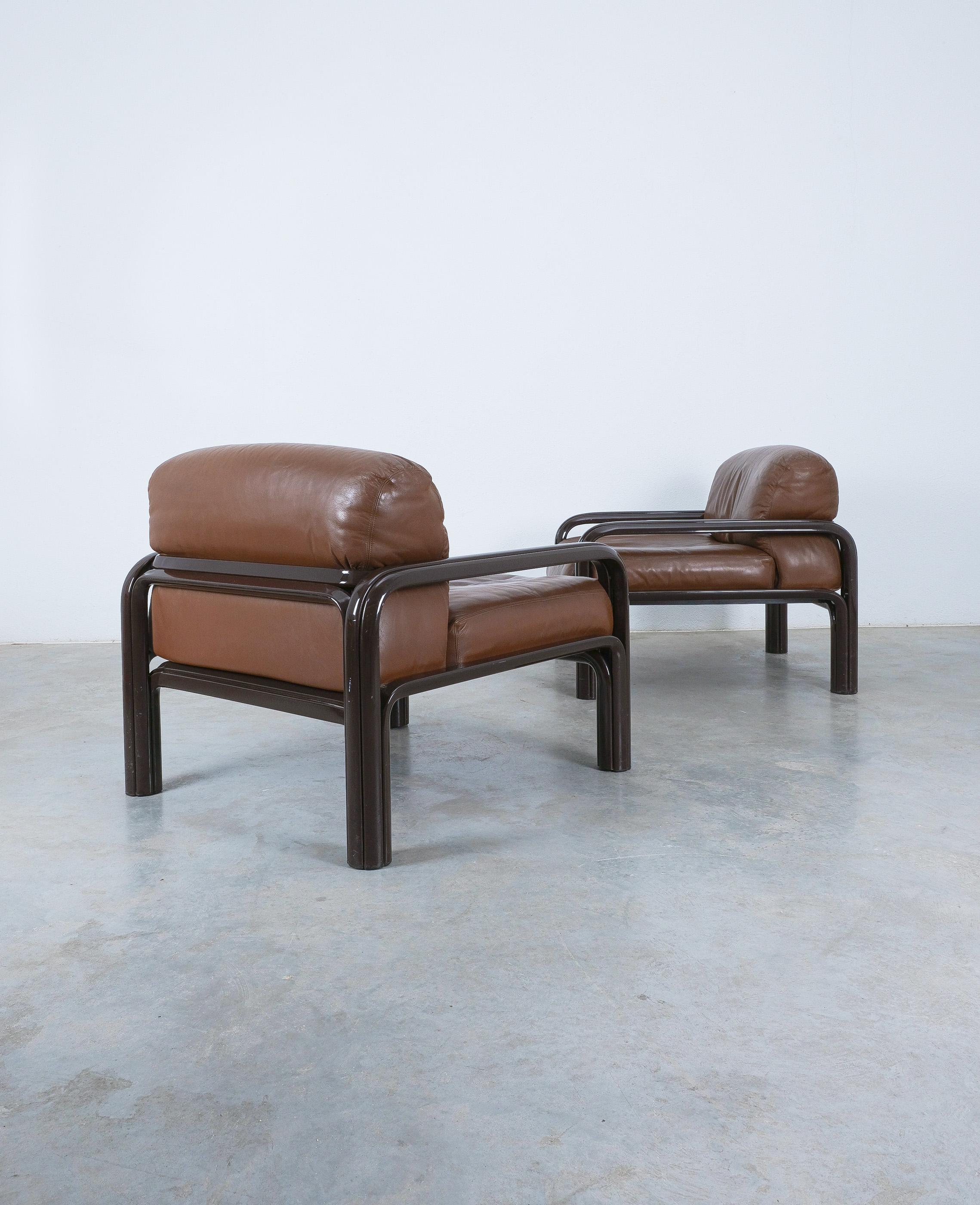 Gae Aulenti Brown Leather Steel Lounge Chairs for Knoll, 1980 3