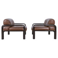Gae Aulenti Brown Leather Steel Lounge Chairs for Knoll, 1980