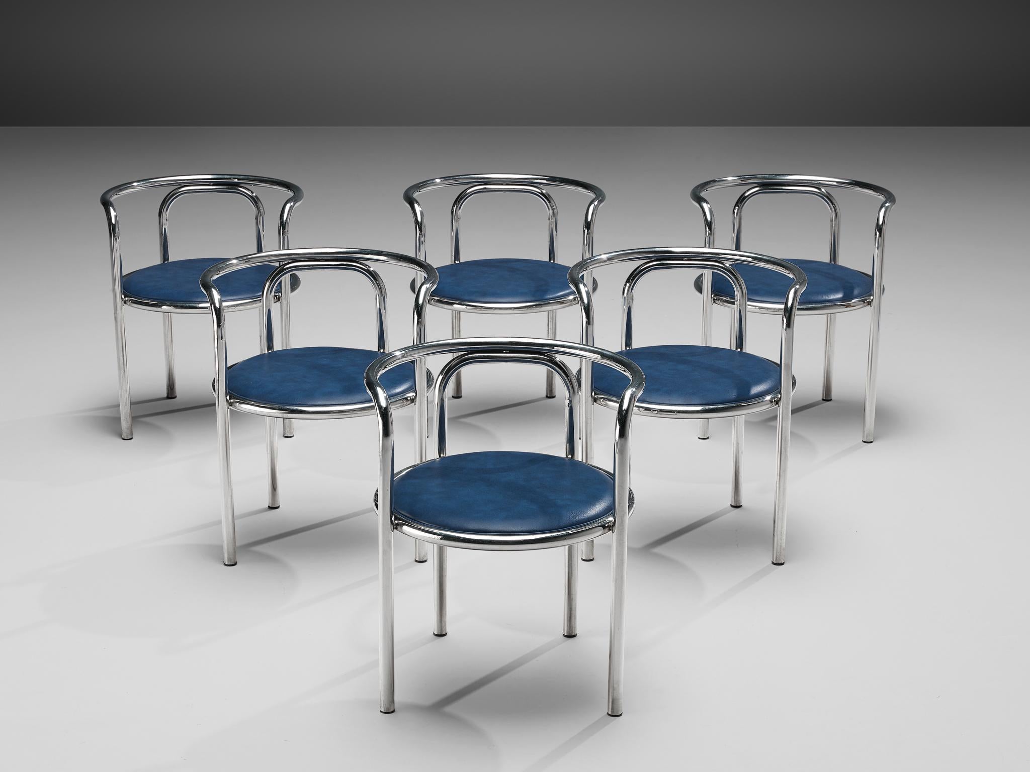 Gae Aulenti for Zanotta, 'Locus Solus' armchairs, chromed tubular steel, blue leatherette, Italy, 1964

Set of 'Locus Solus' armchairs. These armchairs, designed by Gae Aulenti and produced by Poltronova, are one of Aulenti’s most playful design