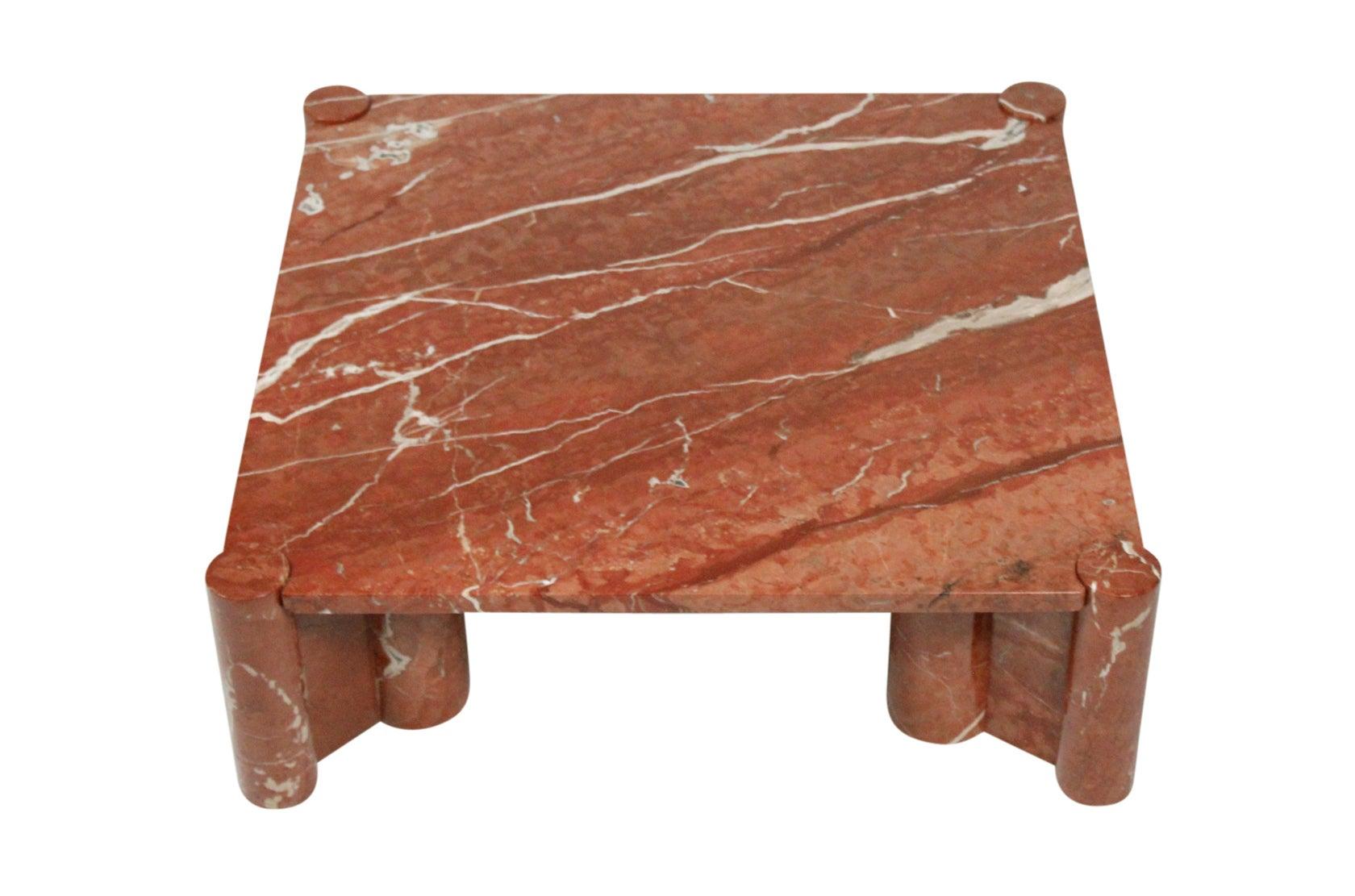 Gae Aulenti for Knoll “Jumbo” Table 4 sets of columns on each corner supports one inch thick marble slab of Rosso Alicante a marble that comes from Spain. A beautiful stone with white and off-white veining and mixture of peach, rose and beige