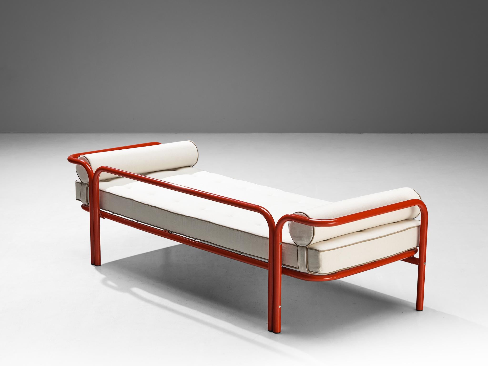 Gae Aulenti for Poltronova Production, daybed model 'Locus Solus', red laquered steel, Italy, 1964 

This daybed by Gae Aulenti is part of the 'Locus Solus' series created in 1964. The bed is based on a constructive frame that left out all possible
