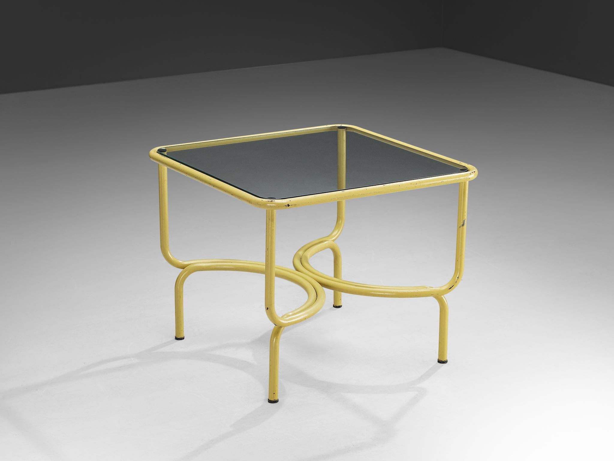 Gae Aulenti für Poltronova Locus Solus, gelb lackiertes Metall, Italien, 1963

Der Tisch Locus Solus, ein Entwurf des Visionärs Gae Aulenti aus dem Jahr 1963. Dieses ikonische Stück aus gelb lackiertem Metall ist aufregend in seiner Form und