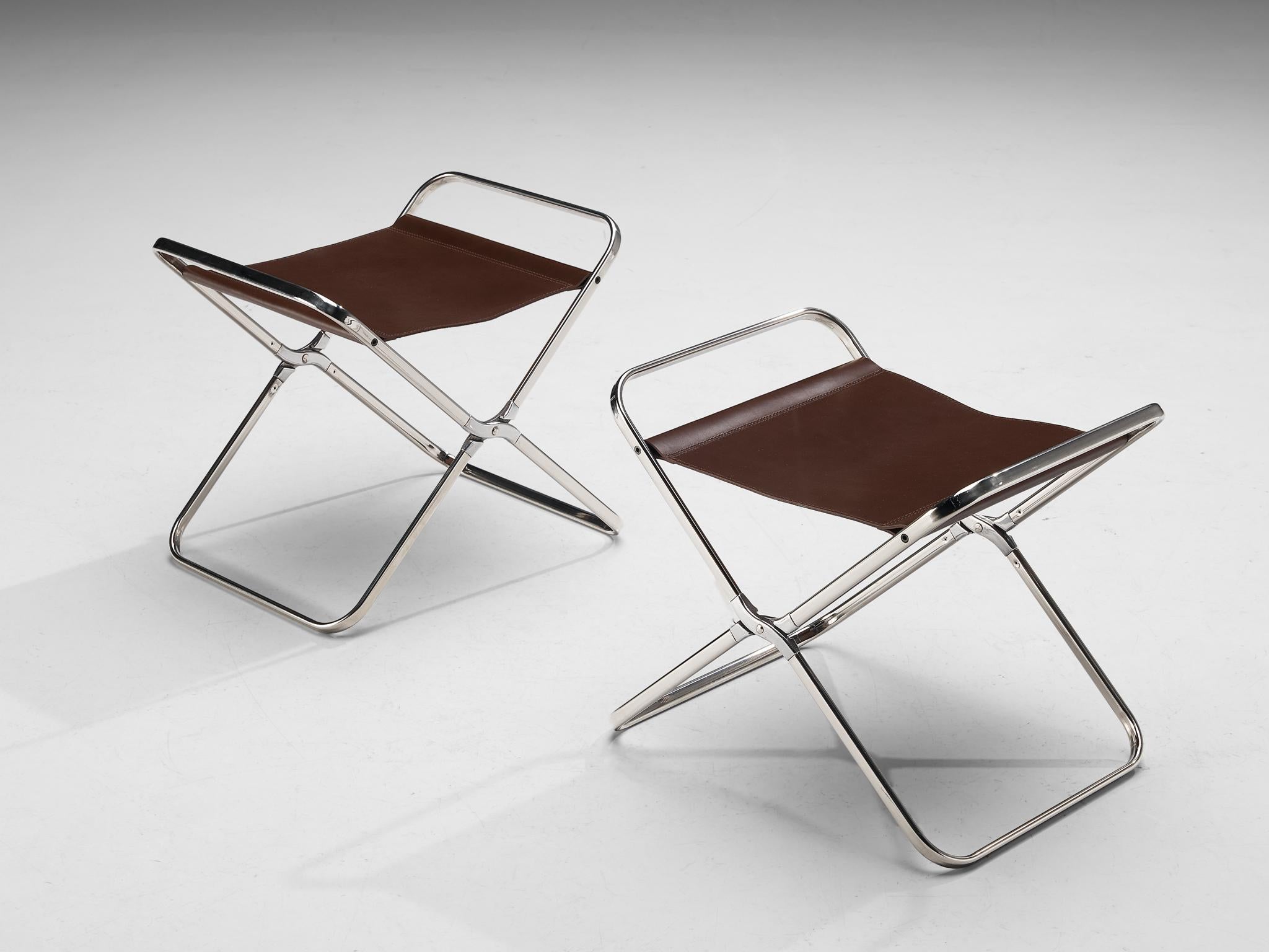 Gae Aulenti for Zanotta 'April' Folding Stools in Stainless Steel and Leather 5