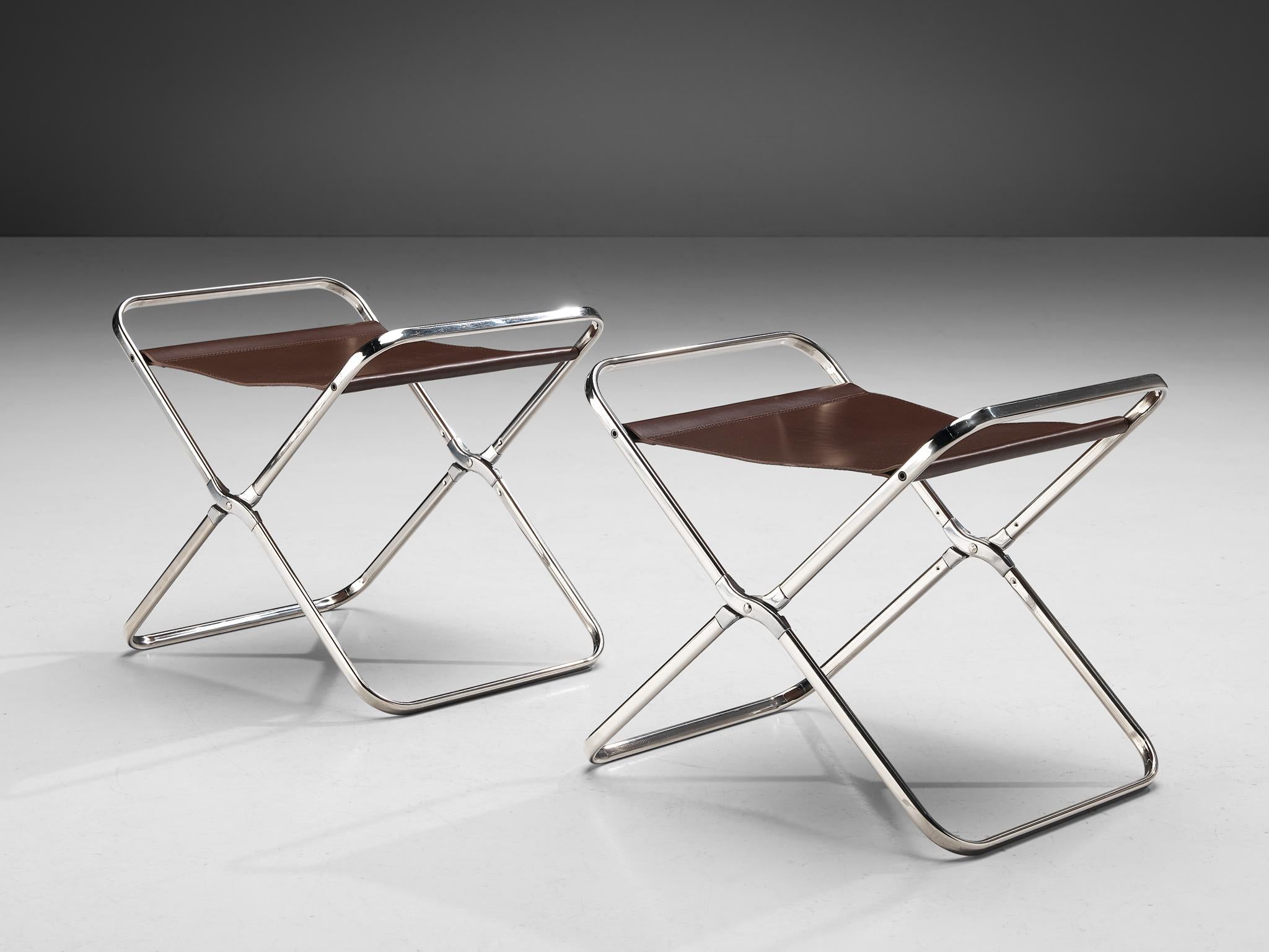 Mid-20th Century Gae Aulenti for Zanotta 'April' Folding Stools in Stainless Steel and Leather