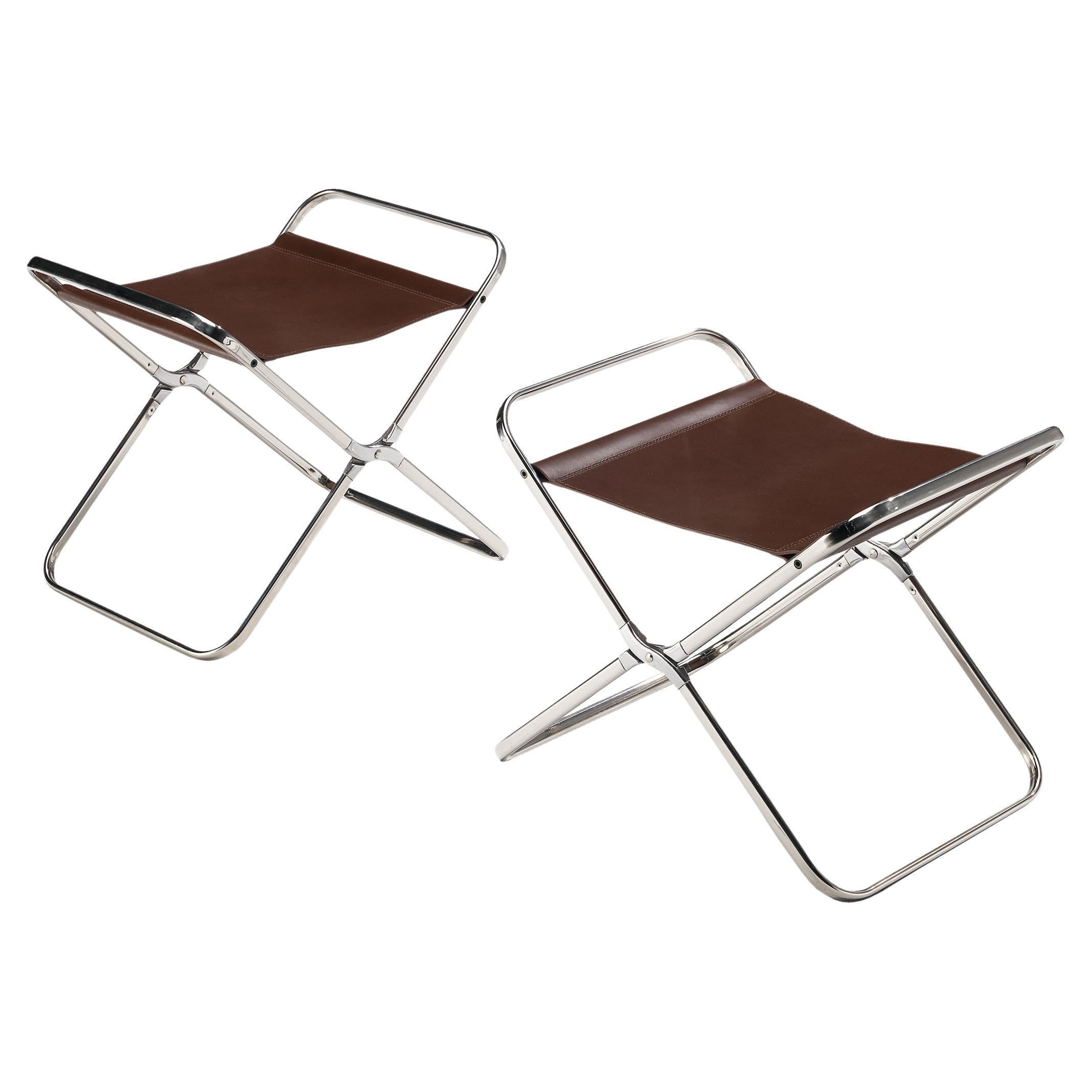 Gae Aulenti for Zanotta 'April' Folding Stools in Stainless Steel and Leather