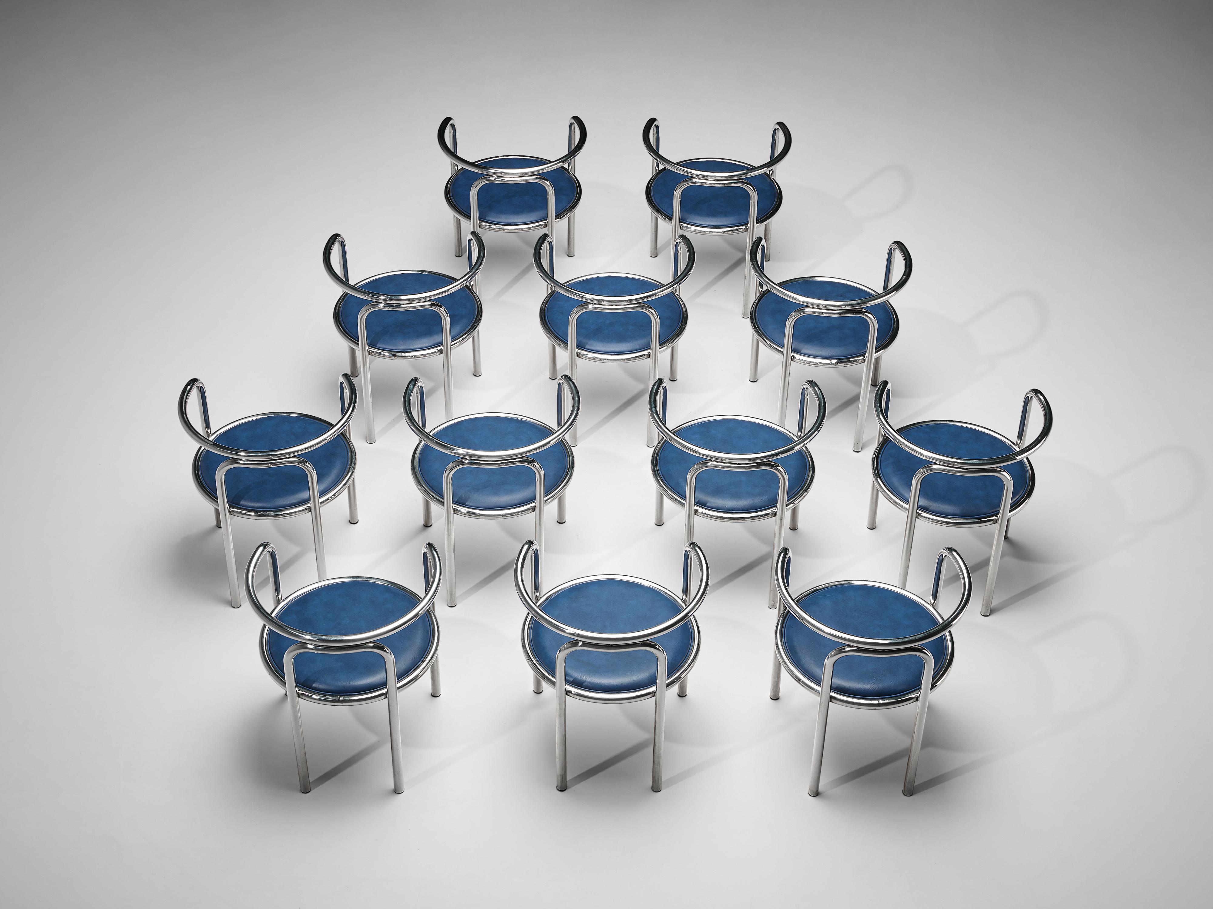 Gae Aulenti for Zanotta, set of twelve 'Locus Solus' armchairs, chromed tubular steel, blue leatherette, Italy, 1964

Set of twelve 'Locus Solus' armchairs. These armchairs, designed by Gae Aulenti and produced by Zanotta, are one of Aulenti’s