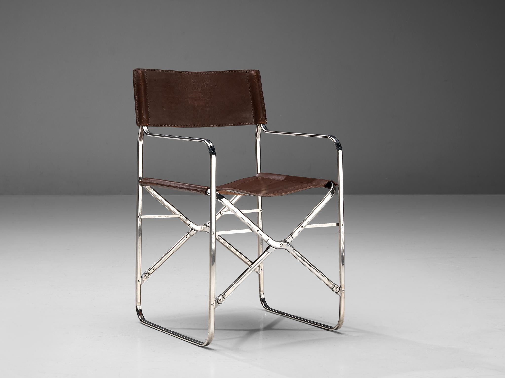 Mid-Century Modern Gae Aulenti for Zanotta Pair of Folding Chairs in Steel and Patinated Leather