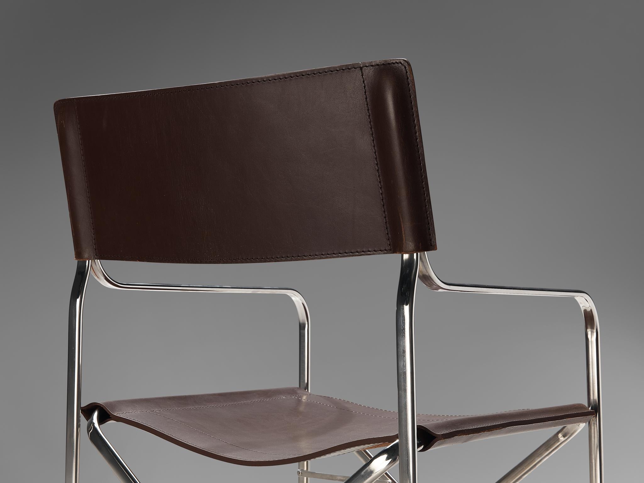 Italian Gae Aulenti for Zanotta Pair of Folding Chairs in Steel and Patinated Leather
