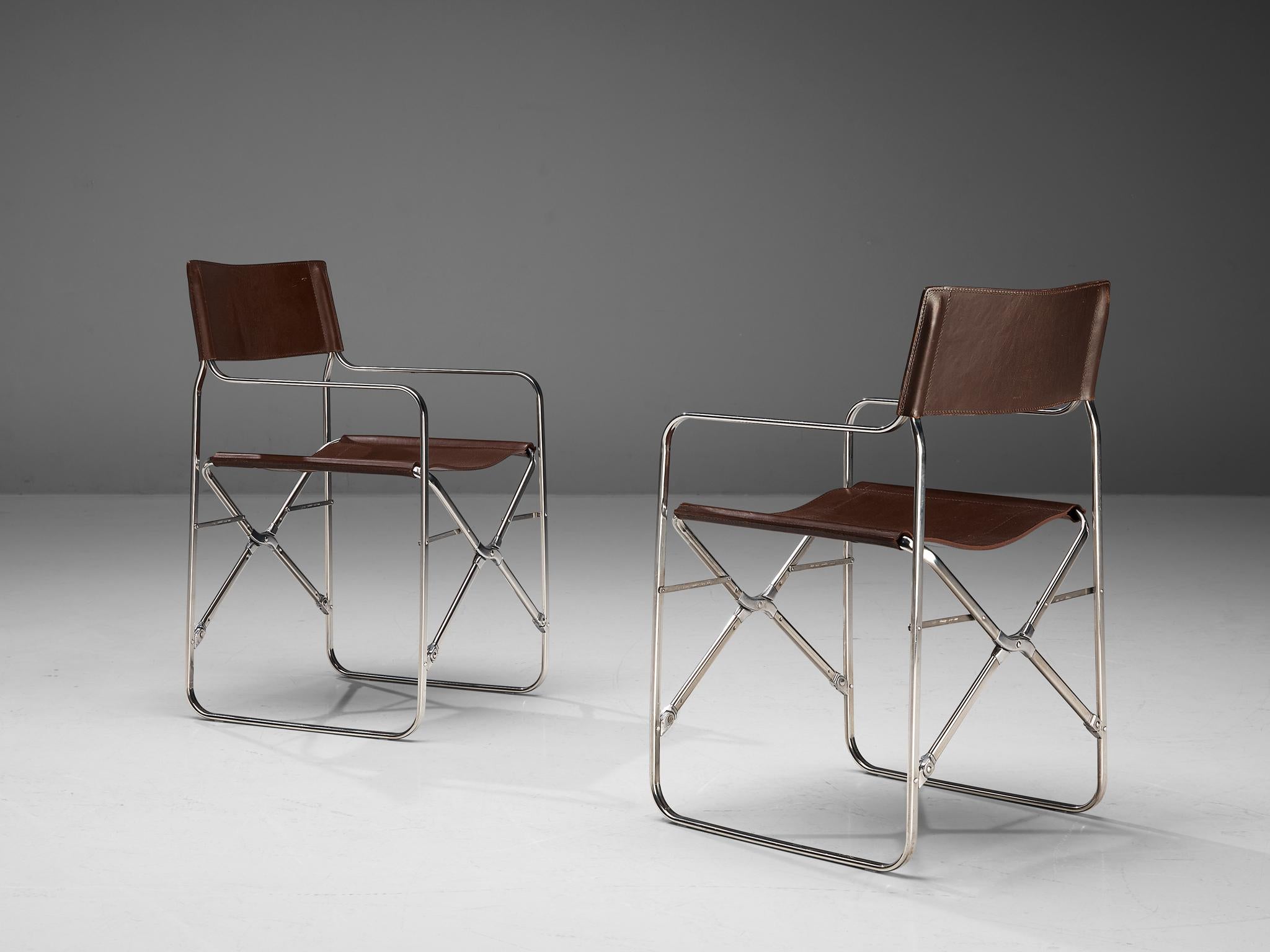 Mid-20th Century Gae Aulenti for Zanotta Pair of Folding Chairs in Steel and Patinated Leather