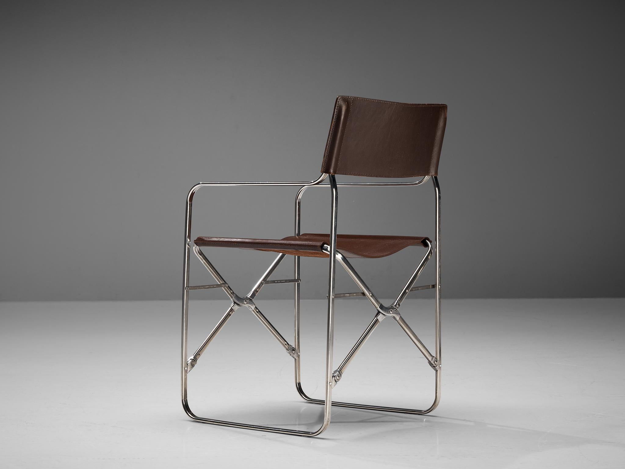 Aluminum Gae Aulenti for Zanotta Pair of Folding Chairs in Steel and Patinated Leather