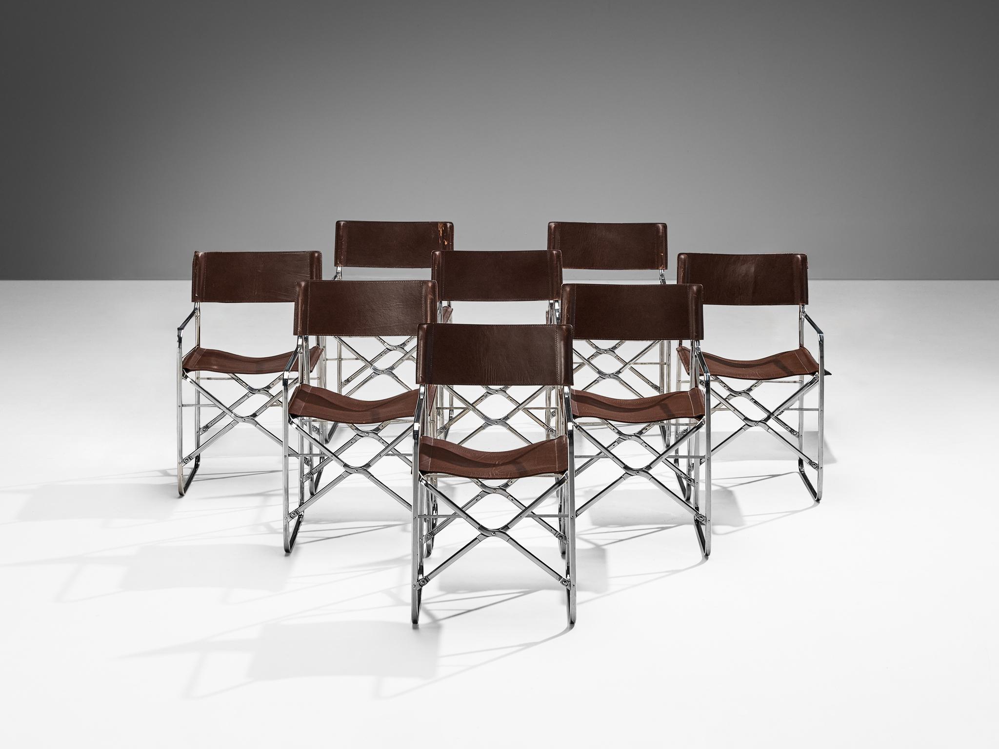 Gae Aulenti for Zanotta, set of eight 'April' folding armchairs, chrome-plated steel, aluminum, saddle leather, Italy, 1964

Gae Aulenti revolutionized the traditional notion of the director's chair by creating the groundbreaking and versatile