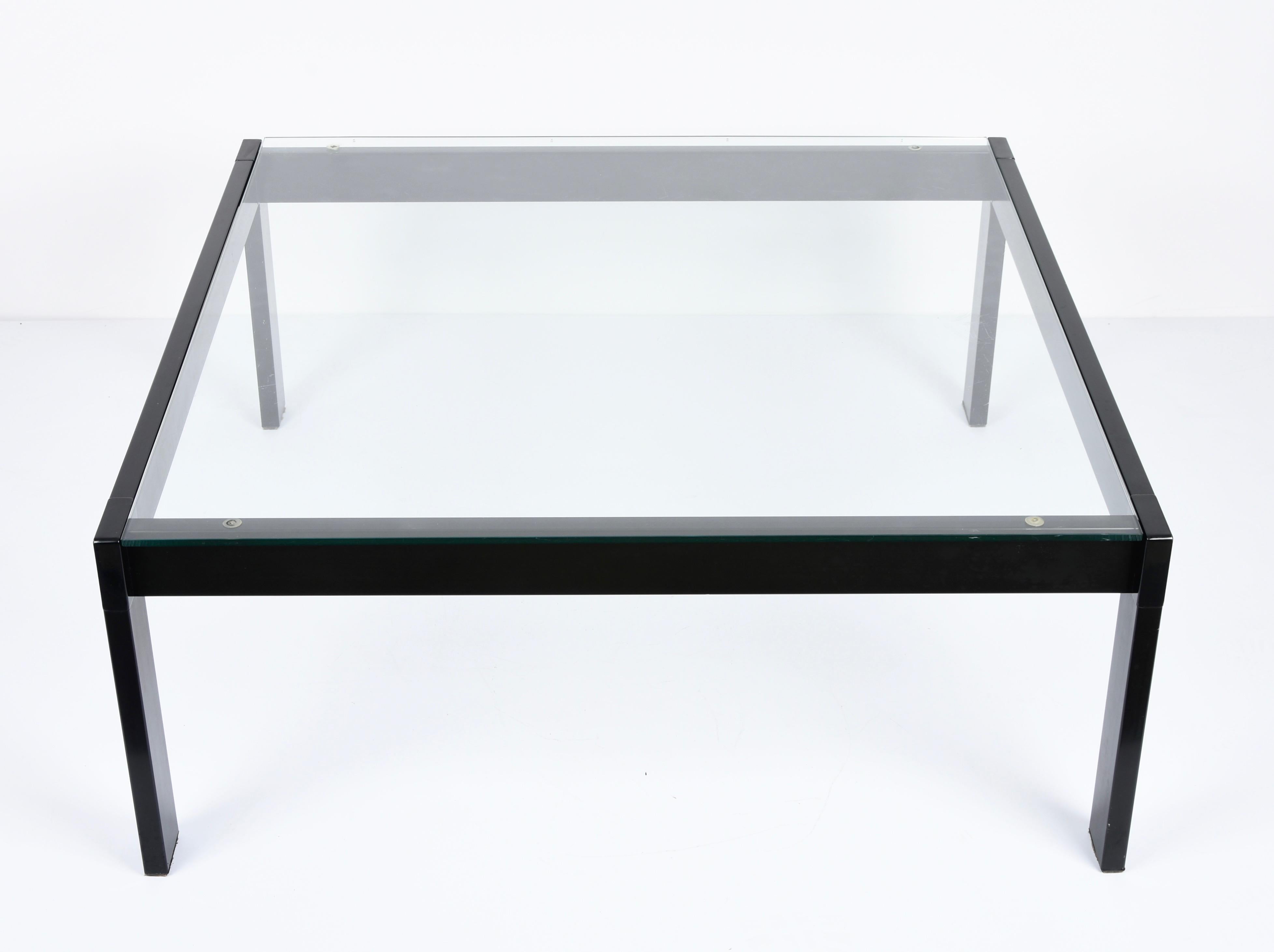 Late 20th Century Gae Aulenti Glass and Enamelled Black Metal Italian Coffee Table, Zanotta, 1970s For Sale