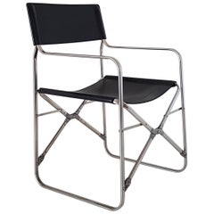 Gae Aulenti Italian Black Cowhide Folding Chair with Stainless Steel Frame, 1964