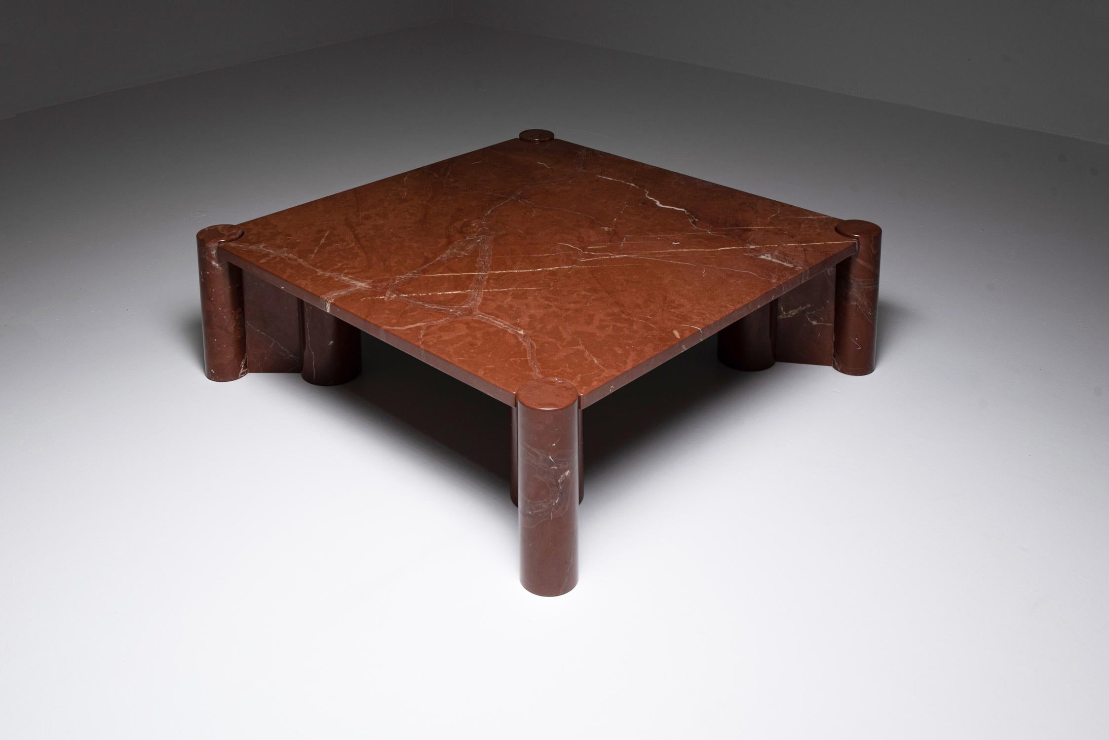 Marble coffee table, Jumbo, Gae Aulenti, Knoll, 1960s, Italy.

Gae Aulenti Jumbo table for Knoll in Rosso Collemandina marble top and column legs.
Designed in 1964, produced by Gavina, later by Knoll.

The Rosso Collemandina marble was