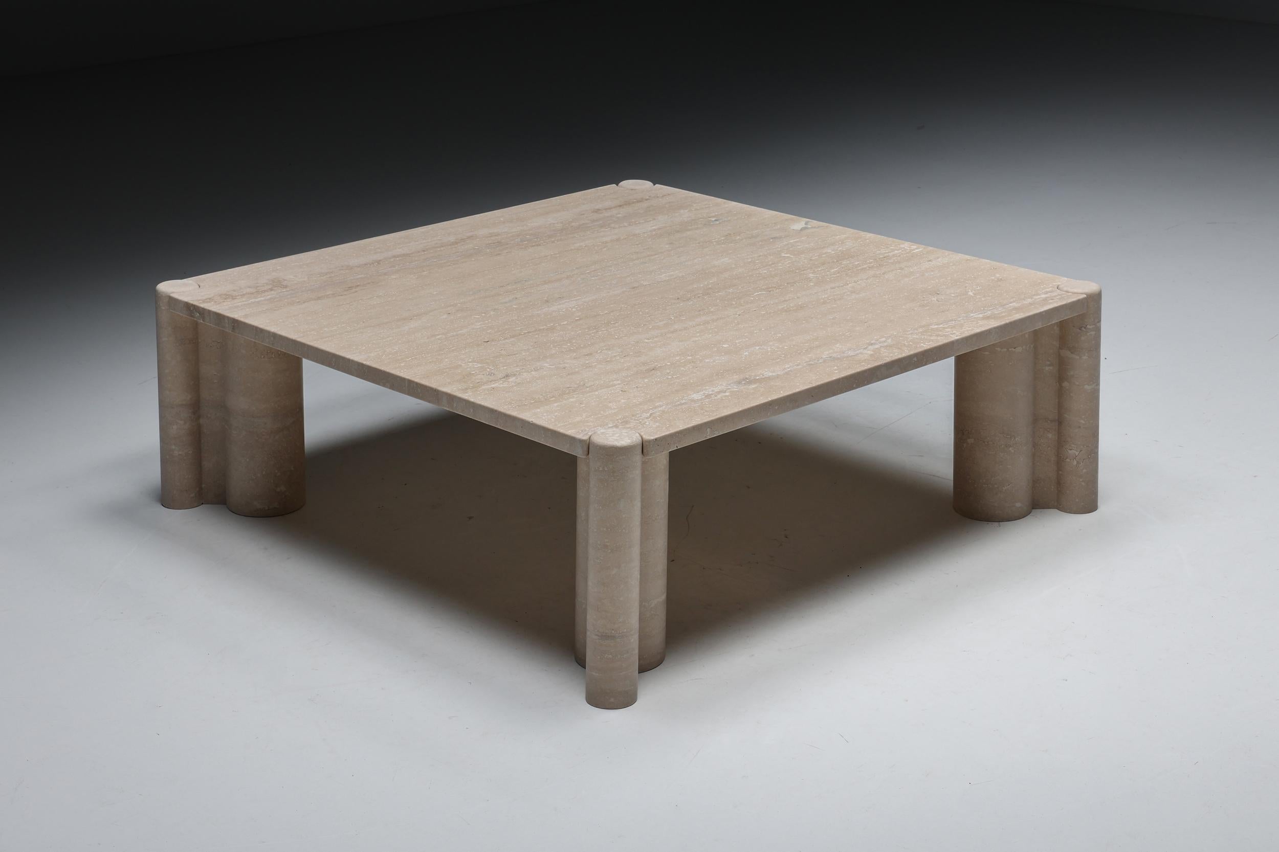 Gae Aulenti; Travertine; Marble; coffee table; cocktail table; side table; Mid-Century Modern; Italy; Italian Design; Postmodern; Jumbo; 1960s; 

Travertine “Jumbo” coffee table with column legs, designed by Gae Aulenti for Knoll in the 1960s. The