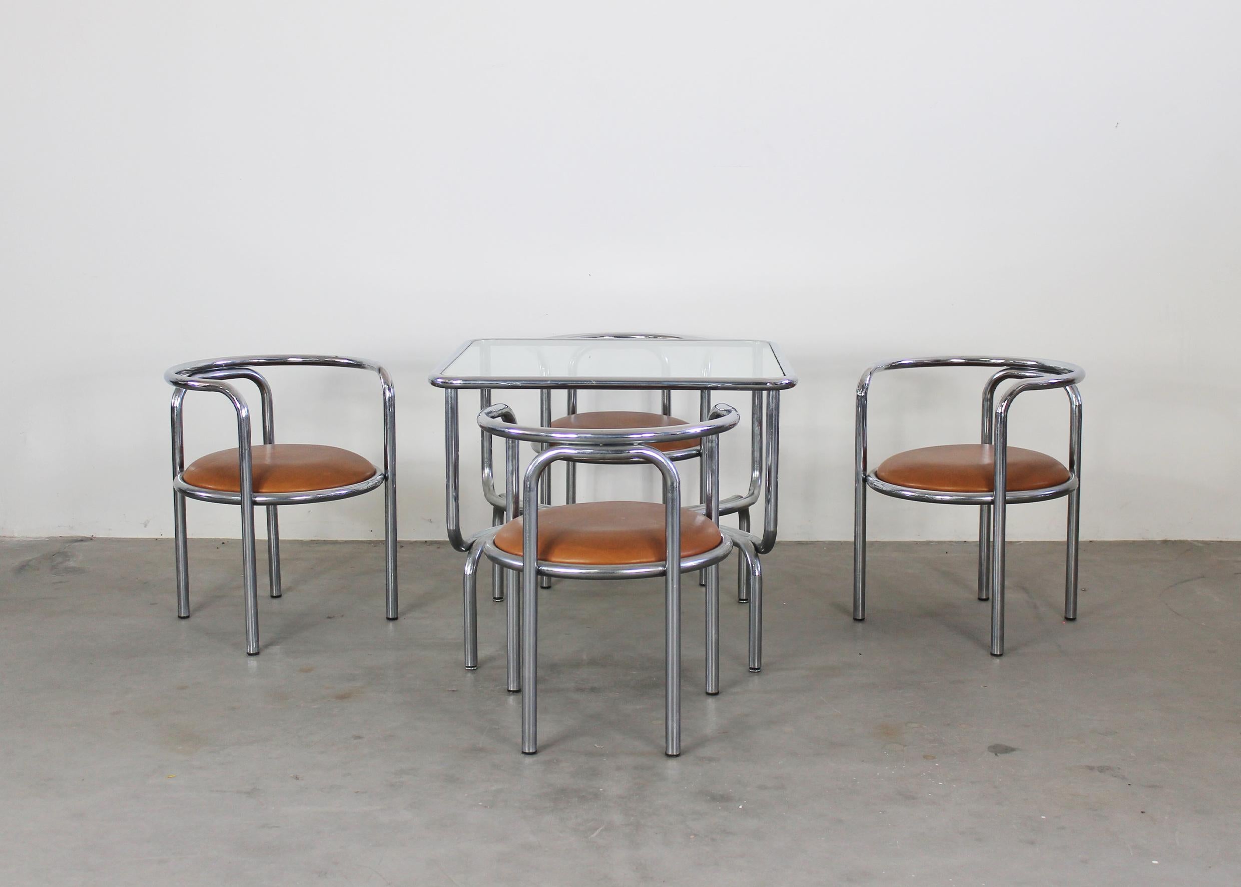 Mid-Century Modern Gae Aulenti Locus Solus Dining Room Set in Steel and Leather by Poltronova 1970s For Sale