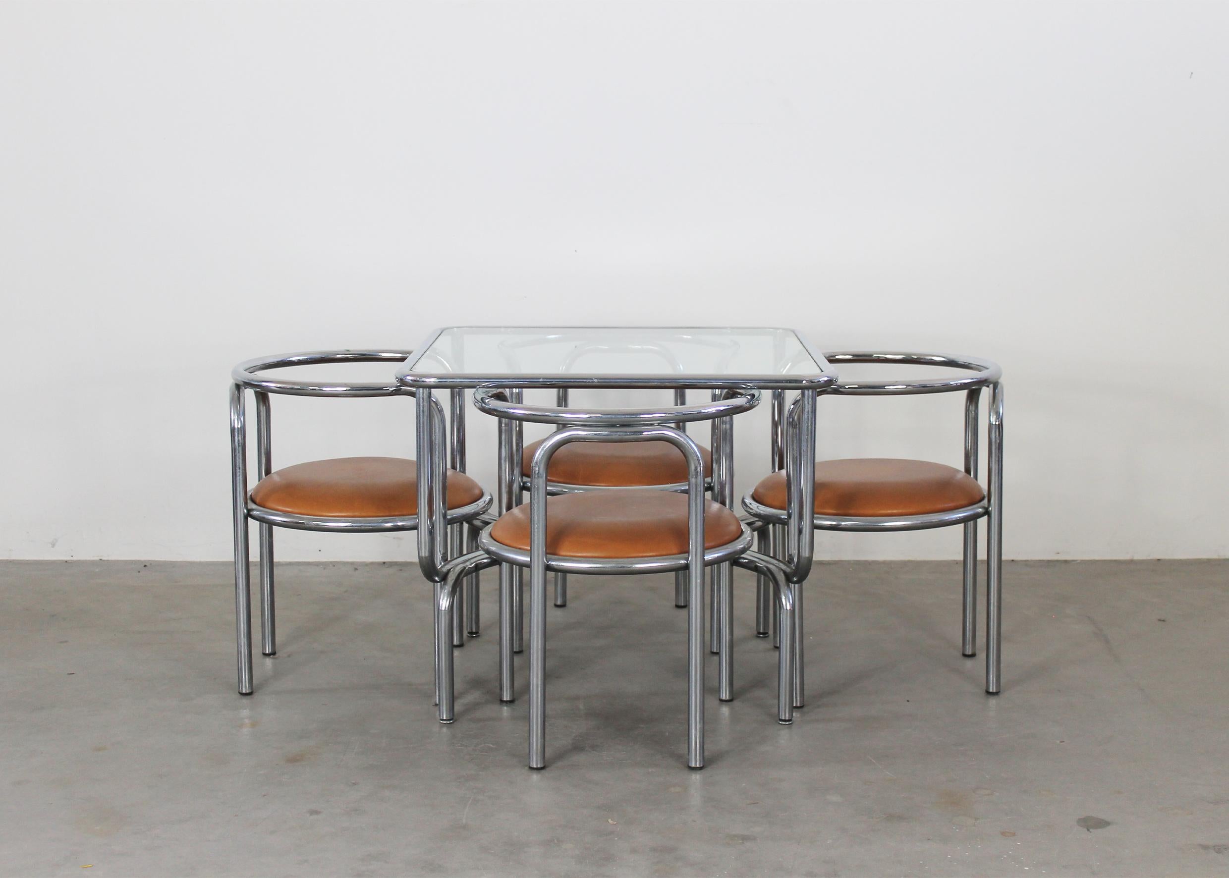 Italian Gae Aulenti Locus Solus Dining Room Set in Steel and Leather by Poltronova 1970s For Sale