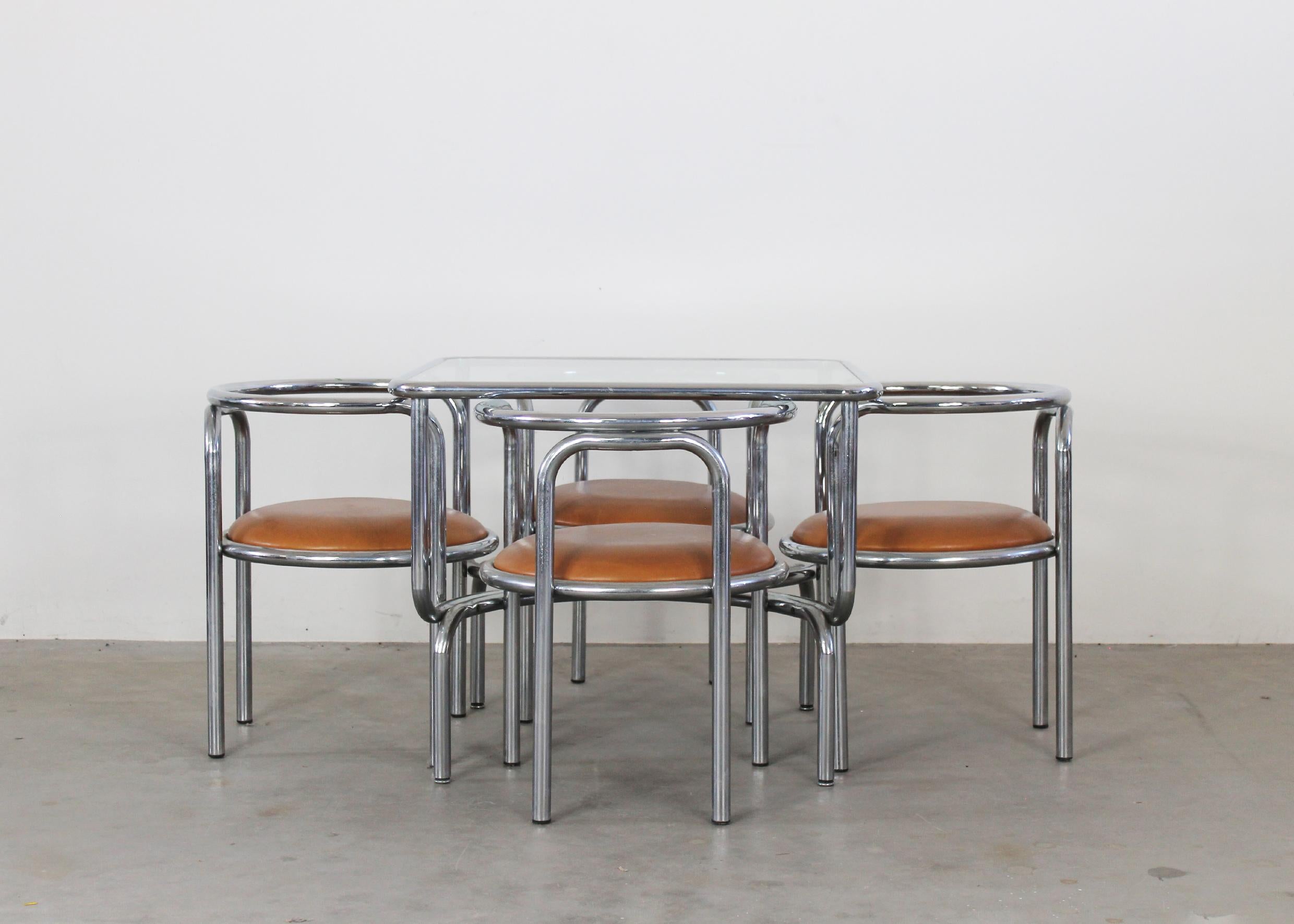 Other Gae Aulenti Locus Solus Dining Room Set in Steel and Leather by Poltronova 1970s For Sale